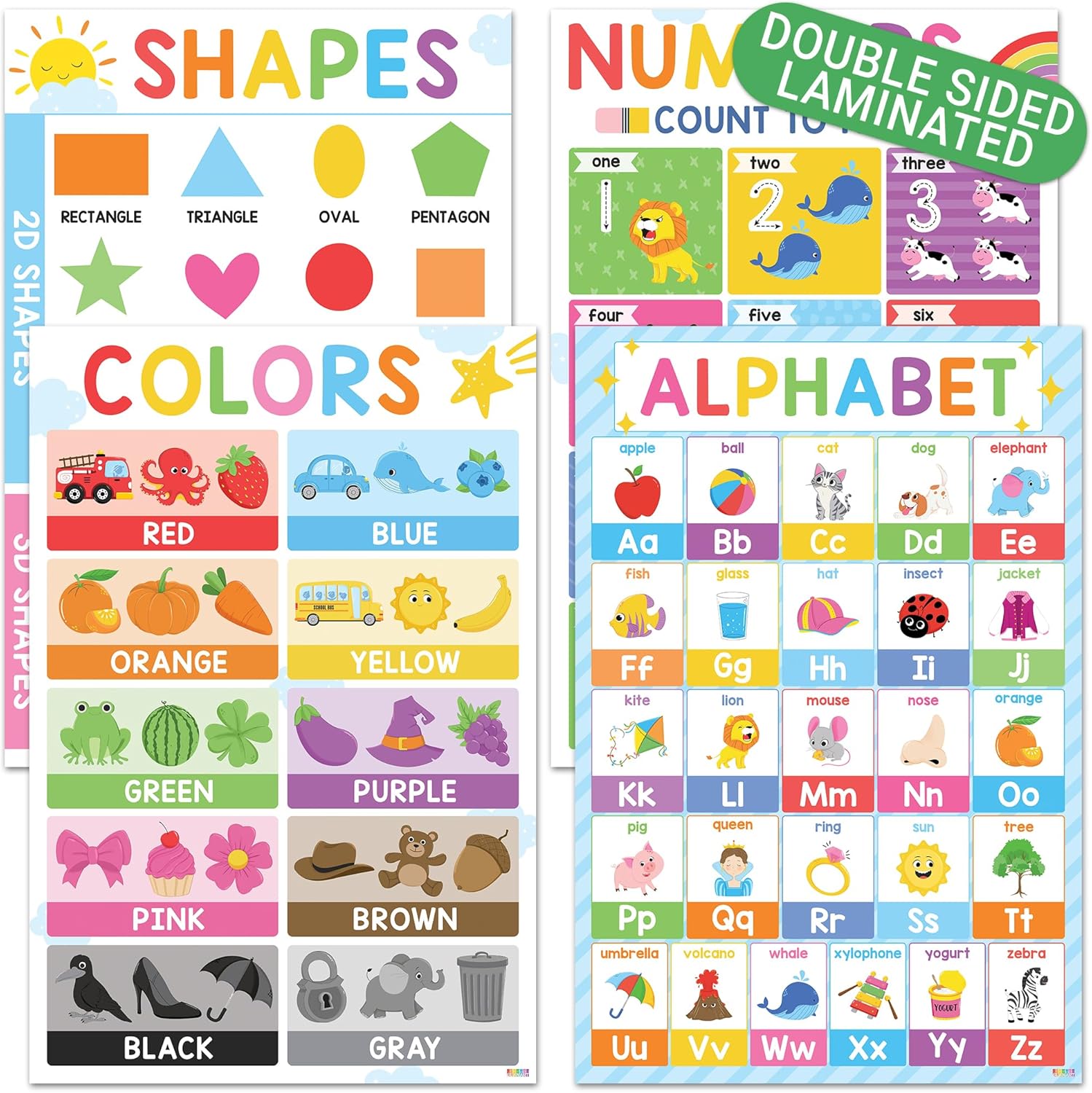 BEAWART 16'x24' Colorful ABC Alphabet Posters (Pack 4), Color Shape Number Chart for Classroom Decor, Educational Posters for Toddlers 1-3, Learning Chart for Preschoolers, Homeschool Supplies, Double Laminated