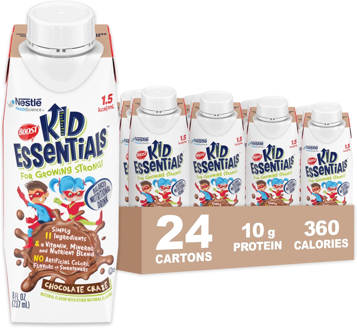 BOOST KID ESSENTIALS (1.5 kcal/mL) Chocolate Craze Nutritional Drink, 10g Protein, Vitamin C, D , B12, and Zinc, 8 Fl Oz (Pack of 24)