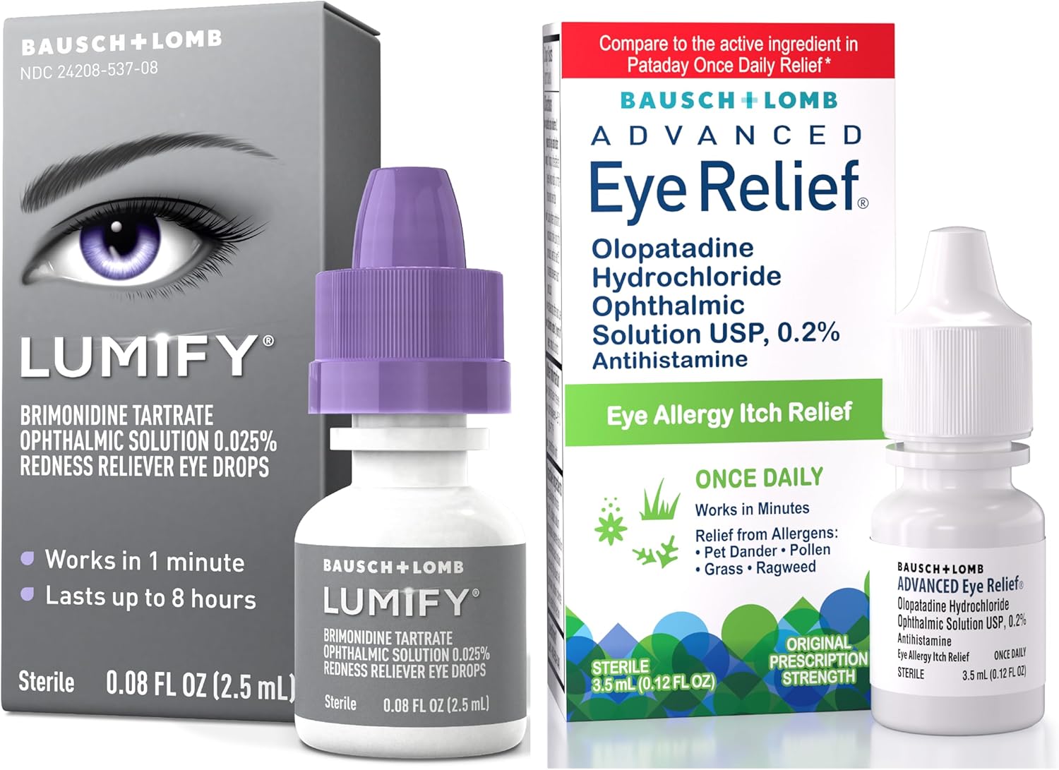 Bausch + Lomb Lumify Eye Drops 0.08 fl oz + Advanced Eye Relief Allergy Drops 0.12 fl oz – Dual Relief System for Red, Itchy, Irritated Eyes