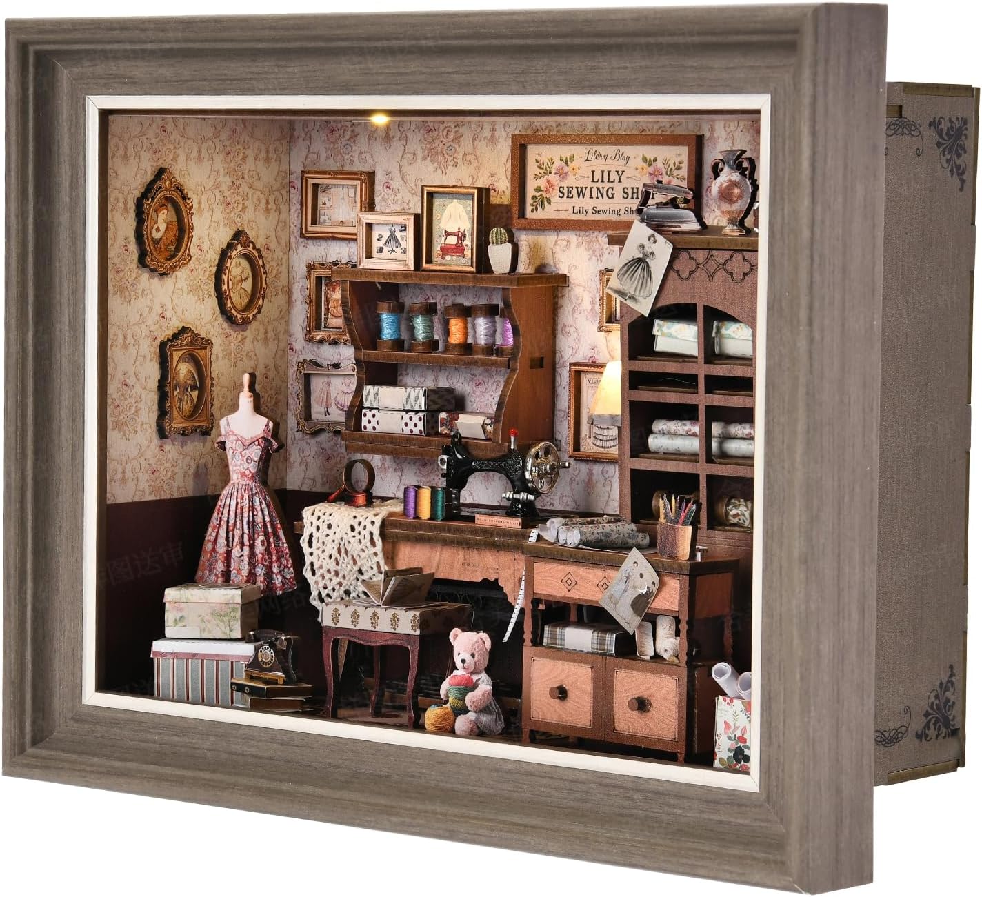 Book Nook Kit - 3D Wooden Puzzle with LED Switch Control & Wall-Mountable Frame，DIY Miniature House for Beginners，Bookshelf/Tabletop/Wall Decor for Craft Lovers，Dollhouse Gift (Lily Sewing Shop)