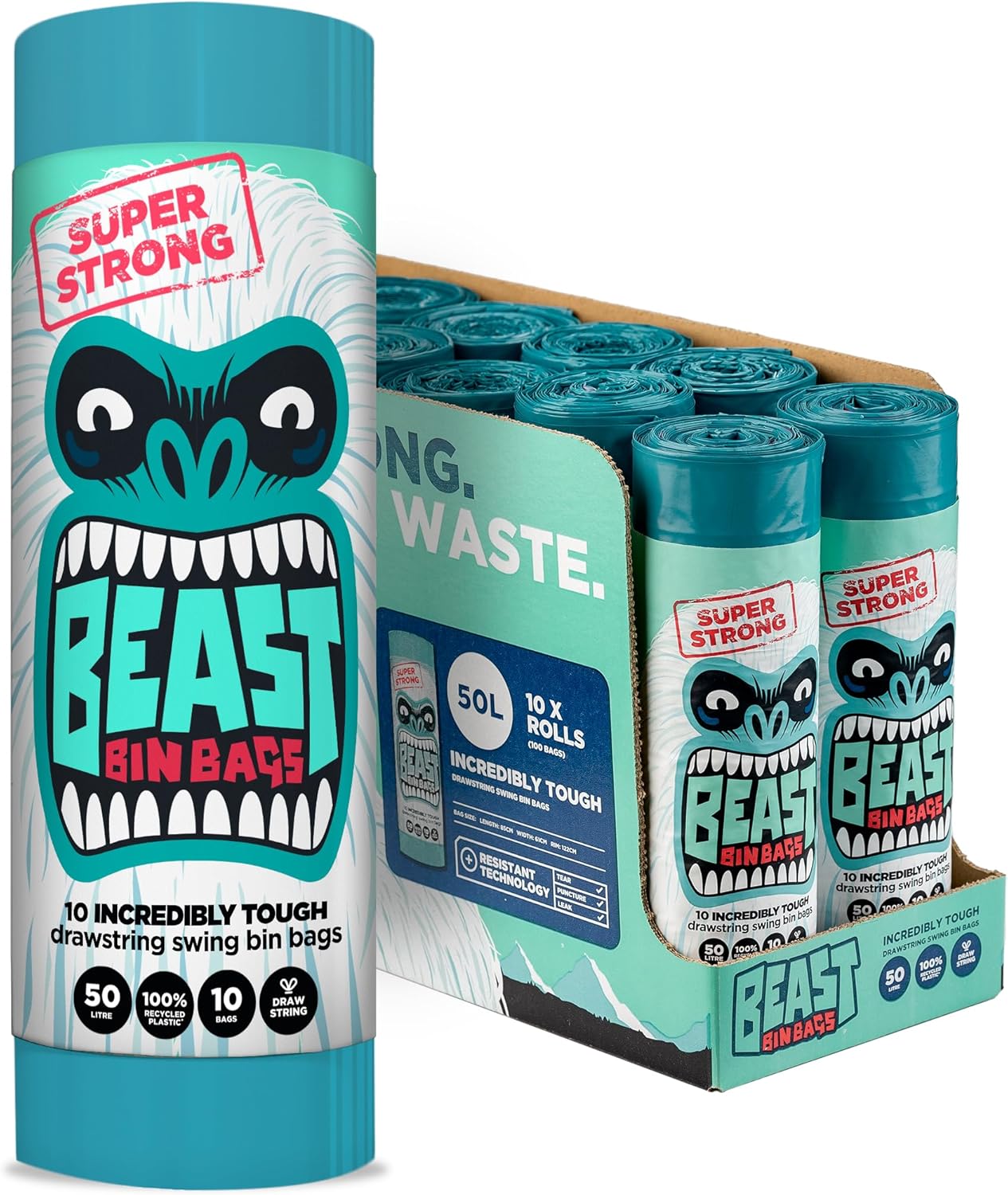 BEAST BIN BAGS, 10 Rolls of 10 x 50 Litre Bags (Total 100 Bags) - Made From 100% Recycled LLDPE - Incredibly Strong Drawstring Swing Blue Bin Bags