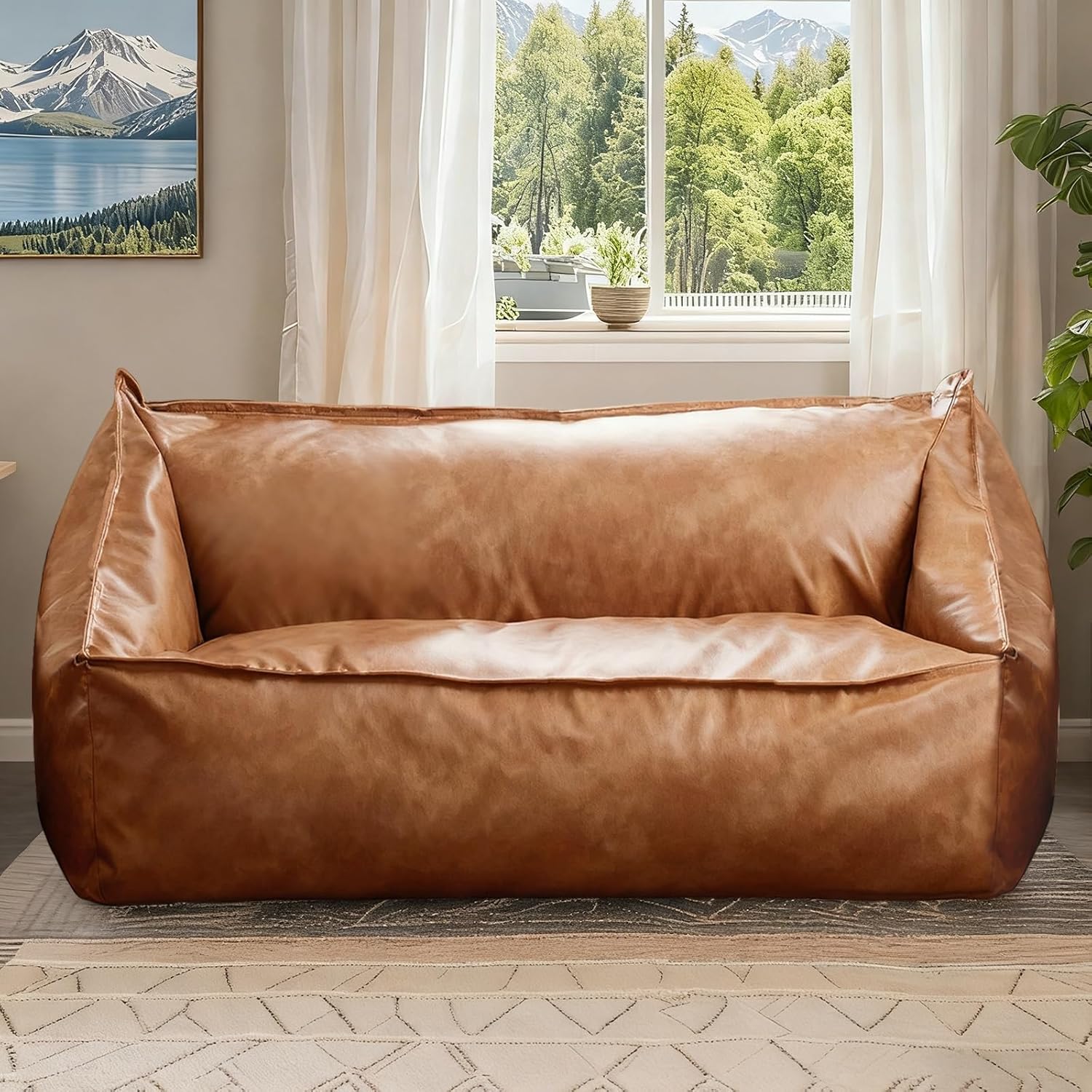 Faux Leather Bean Bag Chair Cover (No Filler) Brown Bean Bag Lounger for Adults Beanbag Cover Without Filling Pouf Chair Lazy Floor Sofa for Living Room Bedroom Indoor (2-Seater)