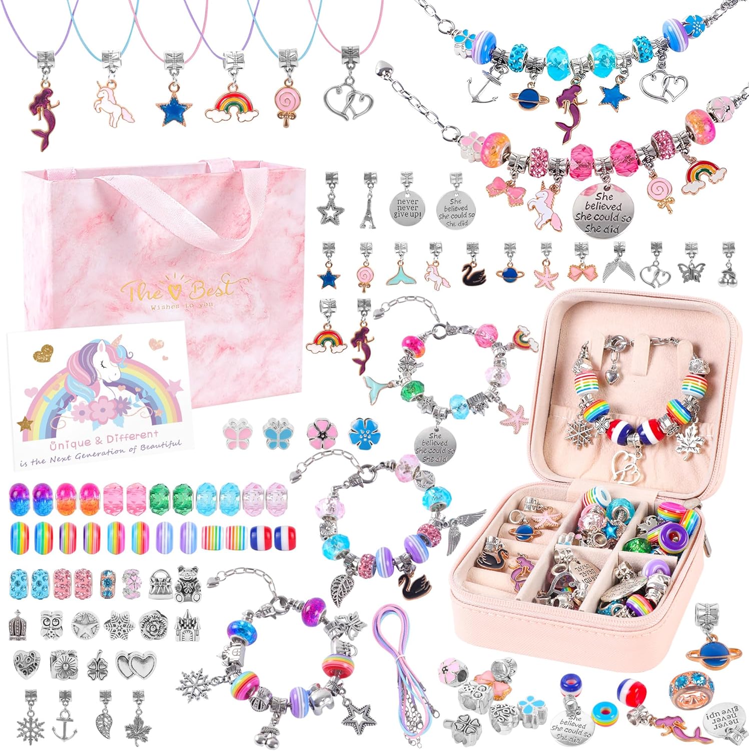 Girls Bracelet Making Kit,A Perfect Birthday Gifts for Girls Age 6 7 8 9 10,Jewelry Making Kit with Portable Jewelry Box,Cute Sparkling That Inspires Creativity and Self-Expression