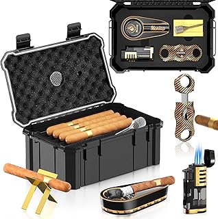 Travel Cigar Humidor Set with Torch Cigar Lighter, V Cigar Cutter, Cigar Ashtray, Cigar Holder, Humidifier & Hygrometer, Portable Travel Cigar Case with Cigar Accessories Kit, Cigar Gifts for Men