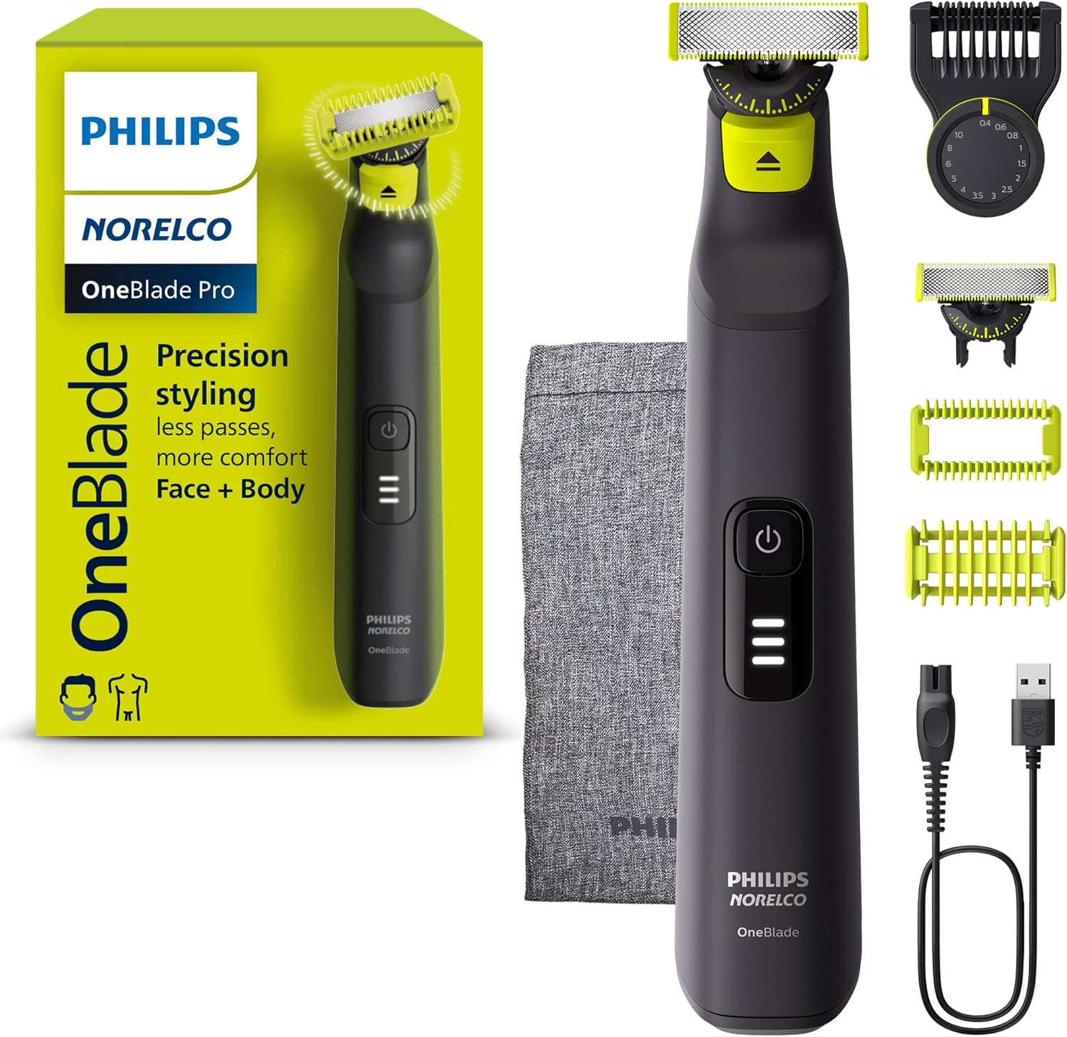 Norelco Philips OneBlade Pro 360 Face + Body, Electric Shaver, Beard Trimmer and Body Groomer, with 360 Blade Technology, 14-Length Precision Comb, Body Kit, Soft Pouch, Model QP6542/70