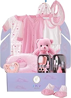 Sky Bliss 20 Piece Baby Gift Set (Pink), Newborn Baby Gift Set, Baby Clothes, Teddy Bear, Pacifier, Baby Grooming kit, Gifts for a New Baby Girl, Baby Girl Newborn Essentials