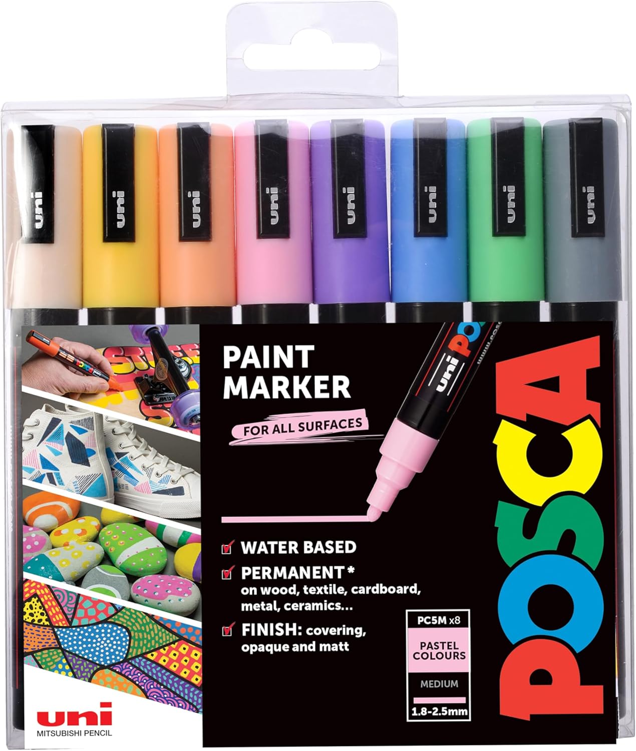 Posca Pens PC-5M Felt Tip Acrylic Paint Colouring Set. Opaque Coloured Permanent Markers for Adults and Children. Ideal on Fabric, Graffiti, Watercolour, Outline, Drawing, Window and Glass Art. 8 Pack