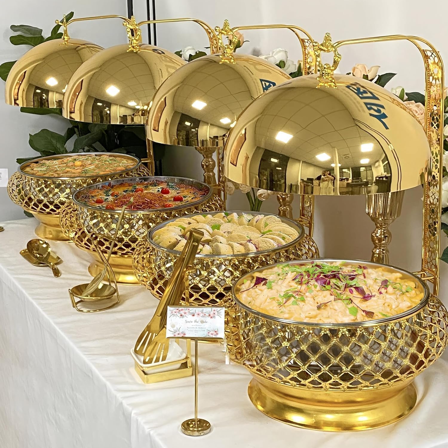 1PCS Party Wedding Table Setting Food Warmer Golden Fancy Elegant Cheffing Dishes with Hanging Lid Gold Chaffing Dishes (Gold, 8L)