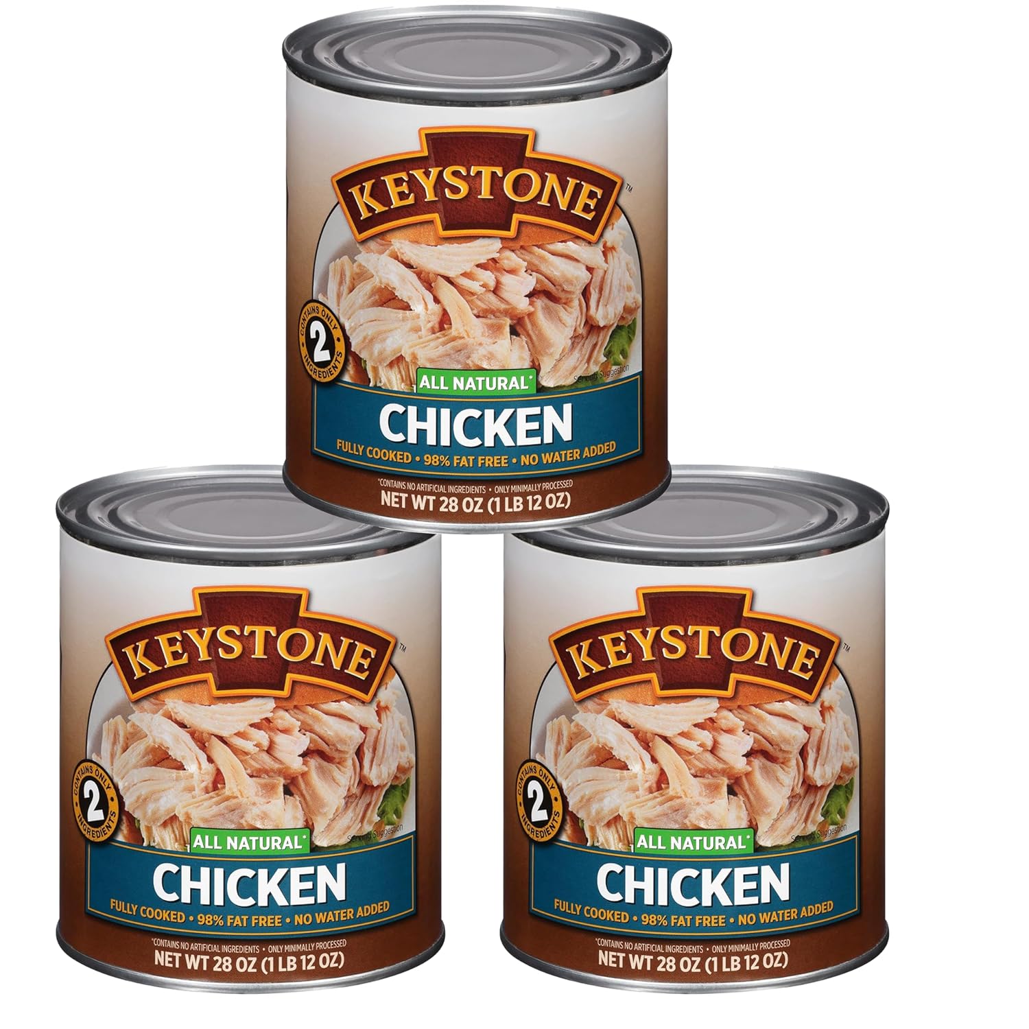 Keystone Meats All Natural Heat and Serve Canned Chicken 28 oz – Fully Cooked Canned Meat – 98% Fat Free – Shelf Stable with 5-Year Shelf Life – Premium Pantry Staple for Everyday Meals – Emergency Survival Canned Food – Ready to Eat – Gluten Free – Made in USA – Pack of 3