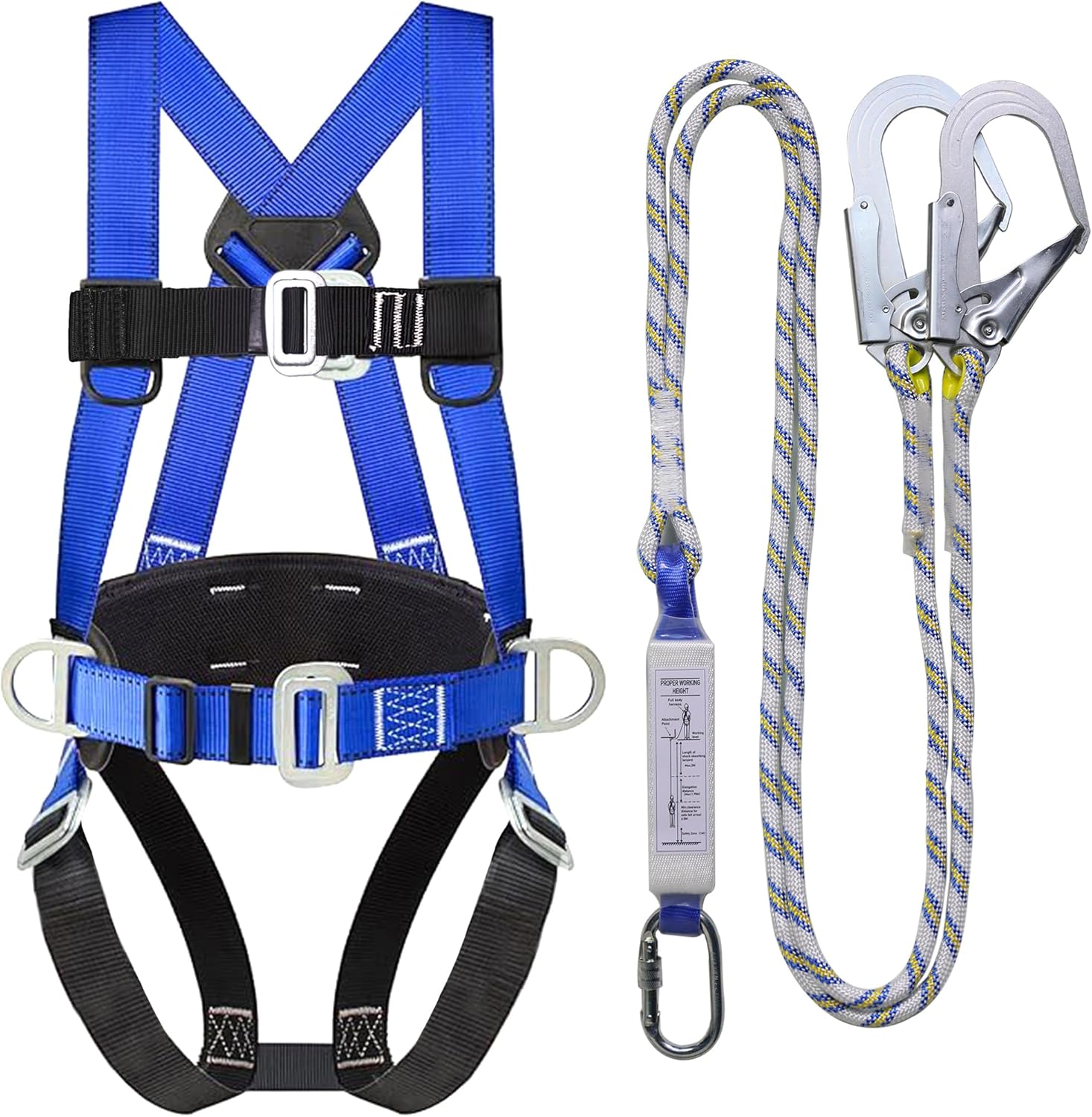 Safety Harness Fall Protection Kit with Shock Absorbing Lanyard, Roofing Work Harnesses Full Body Safety Harness for Construction (Blue)