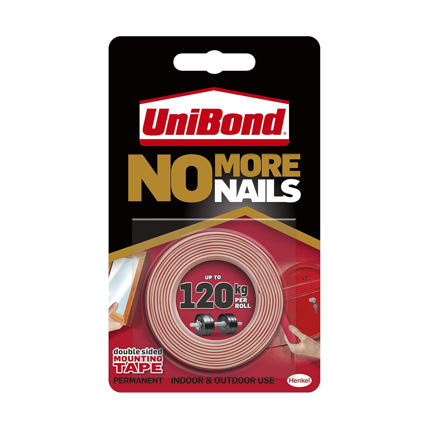 Unibond No More Nails On A Roll, Double-Sided Tape for Reliable Instant Bonding, Multipurpose Adhesive Tape, Adhesive Strips for Indoor/Outdoor Use, 19mm x 1.5m Roll