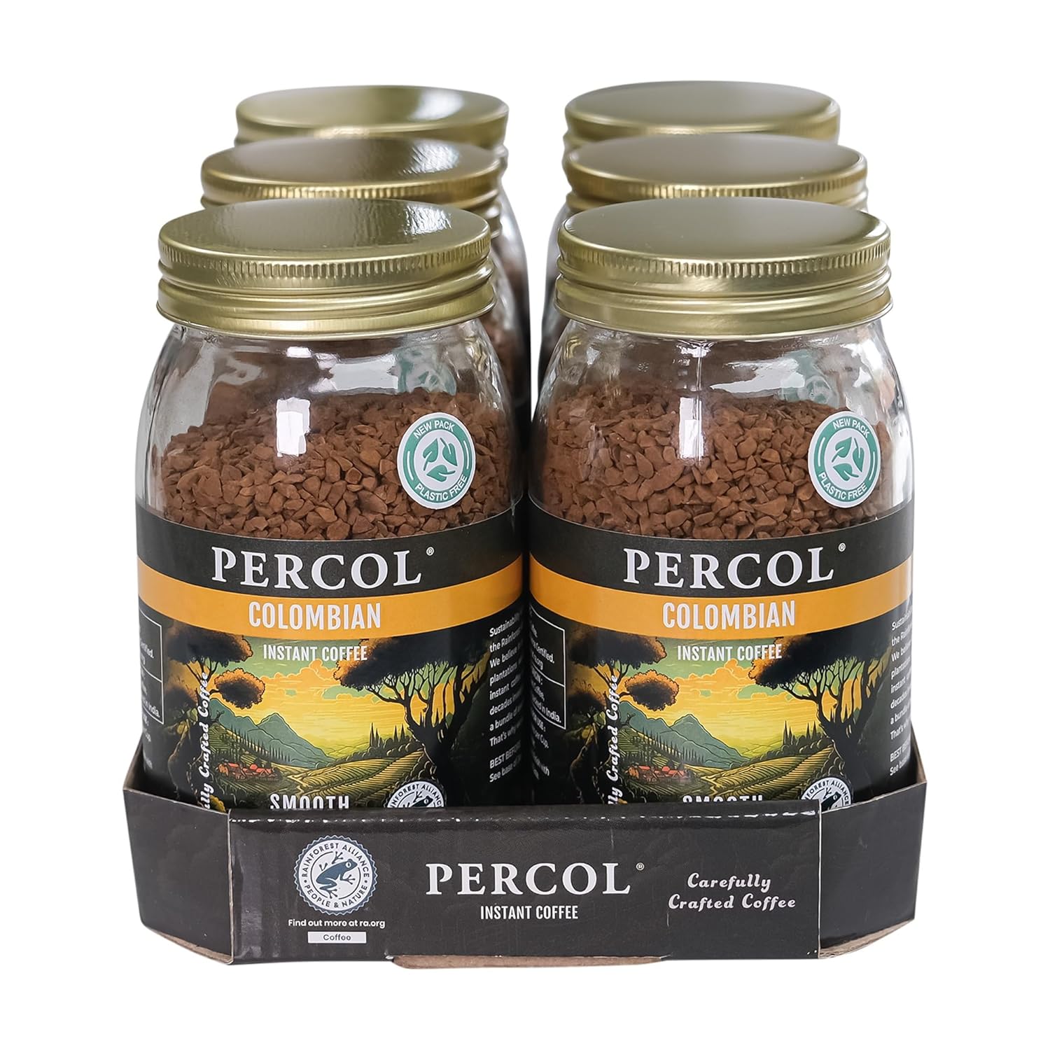 PERCOL SMOOTH COLOMBIA INSTANT COFFEE -- Easy Drinking Colombian Flavor, Aroma and Taste -- Fairtrade Certified 100% Arabica Beans Freeze-Dried Coffee - Lighter Strength Blend 6 Pk 3.5 oz