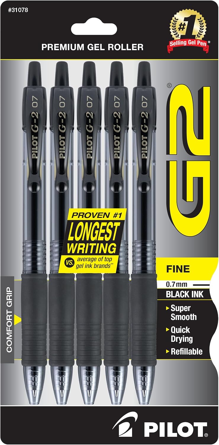 Pilot, G2 Premium Gel Roller Pens, Fine Point 0.7 mm, Black, Pack of 5