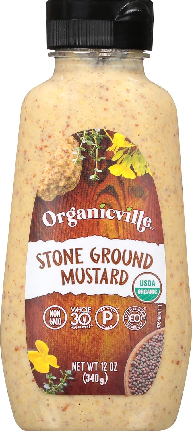 Organicville Stone Ground Mustard - Organic Mustard, 0g Added Sugar, Mustard Stone Ground Organic, Vegan, Gluten Free, USDA Organic, Non-GMO, Whole 30, Paleo, Keto-Friendly - 12 Oz