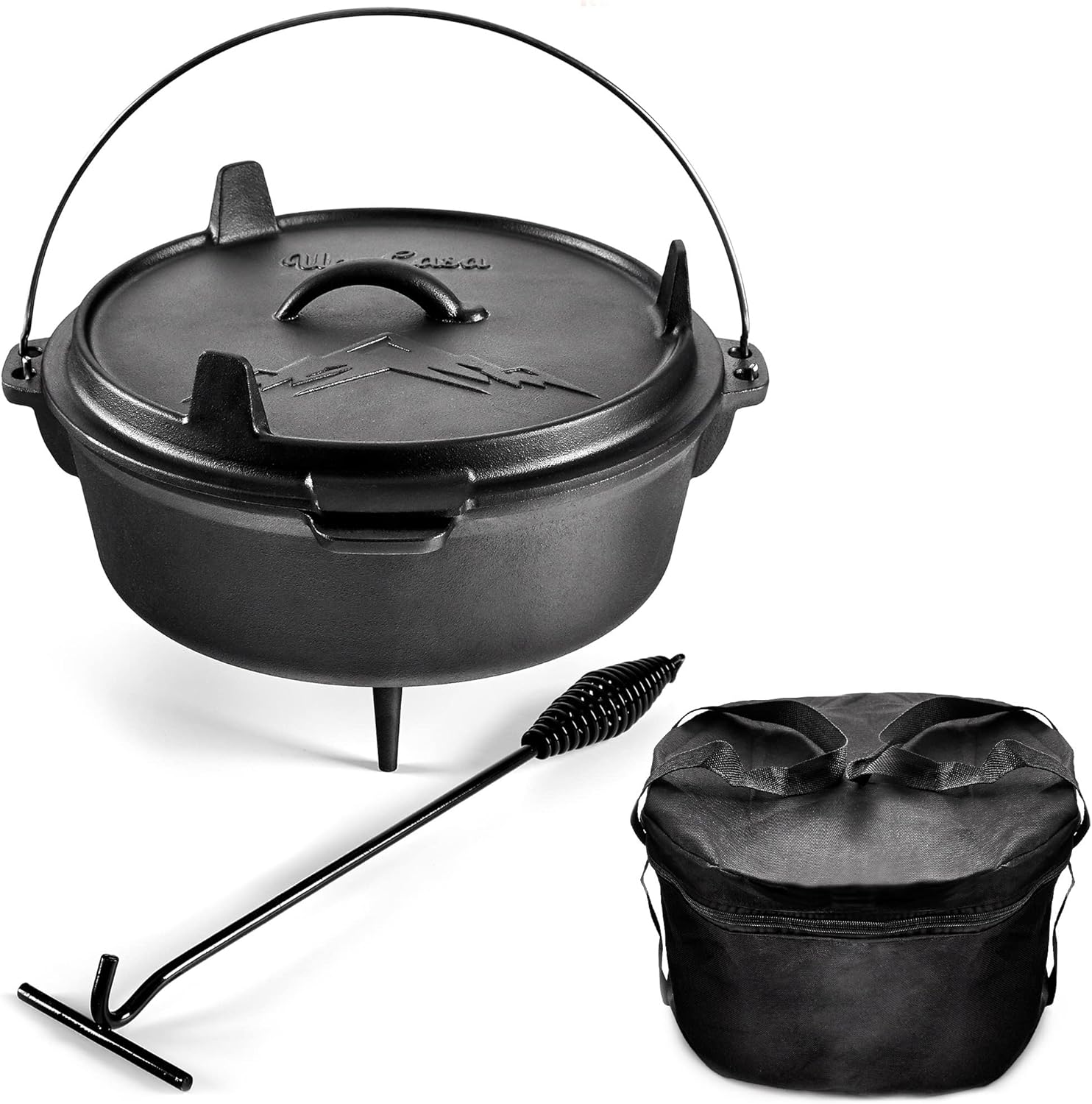 Uno Casa 6Qt Cast Iron Camping Dutch Oven with Lid Lifter and Storage Bag - Pre-Seasoned Outdoor Dutch Oven for Campfire Cooking, Stews, and Baking - Durable Cast Iron Pot for Camping and Hiking
