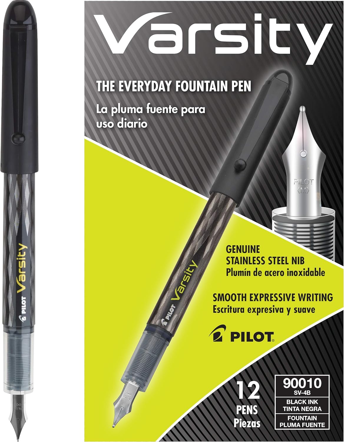 PILOT Varsity Pre-Filled Fountain Pens, Medium Point Stainless Steel Nib, Black Ink, 12-Pack