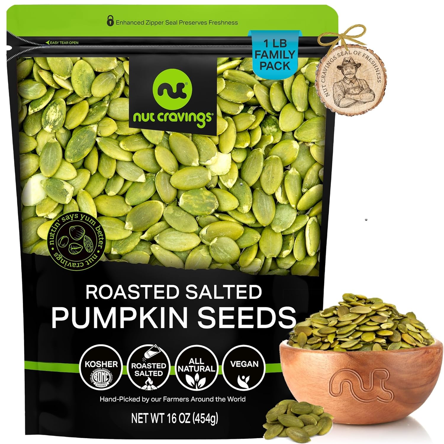 NUT CRAVINGS - Roasted & Salted Pumpkin Seeds, Pepitas, No Shell (16oz - 1 LB) Packed Fresh in Resealable Bag - Nut Snack - Healthy Protein Food, All Natural, Keto Friendly, Vegan, Kosher
