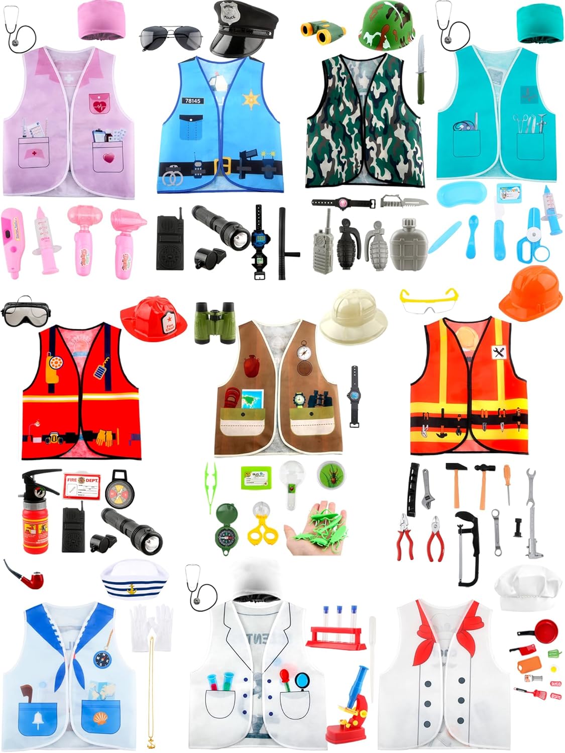 10 Sets Kids Dressing up Costumes Pretend Play Outfits Construction Worker Police Fireman Doctor Scientist Nurse Explorer Military Chef Navy Role Play Vest for Kids Cosplay Party Accessories