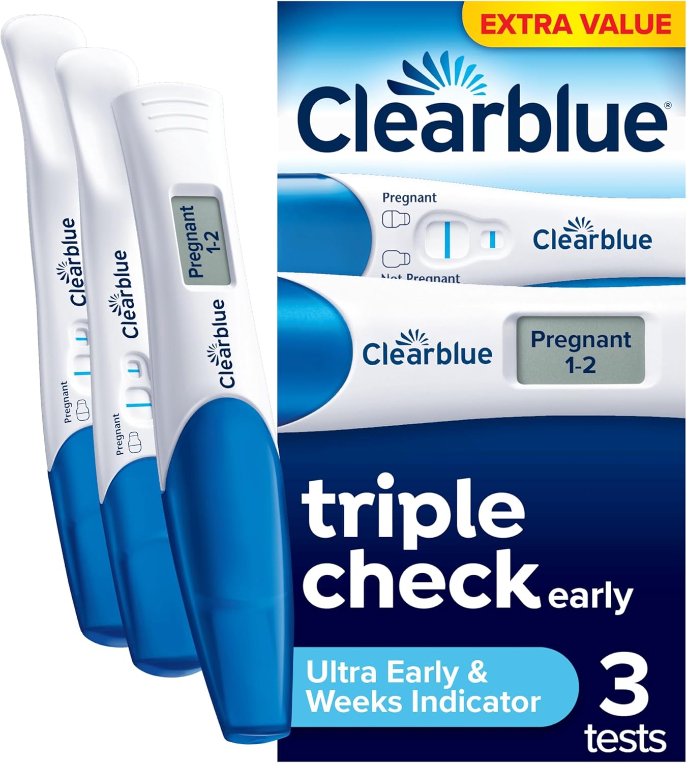 Clearblue Pregnancy Test Ultra Early Triple-Check & Date Combo Pack, Results 6 Days (Visual Sticks) Tells You How Many Weeks (Digital Stick), Kit Of 3 Tests (1 Digital, 2 Visual), Packaging May Vary