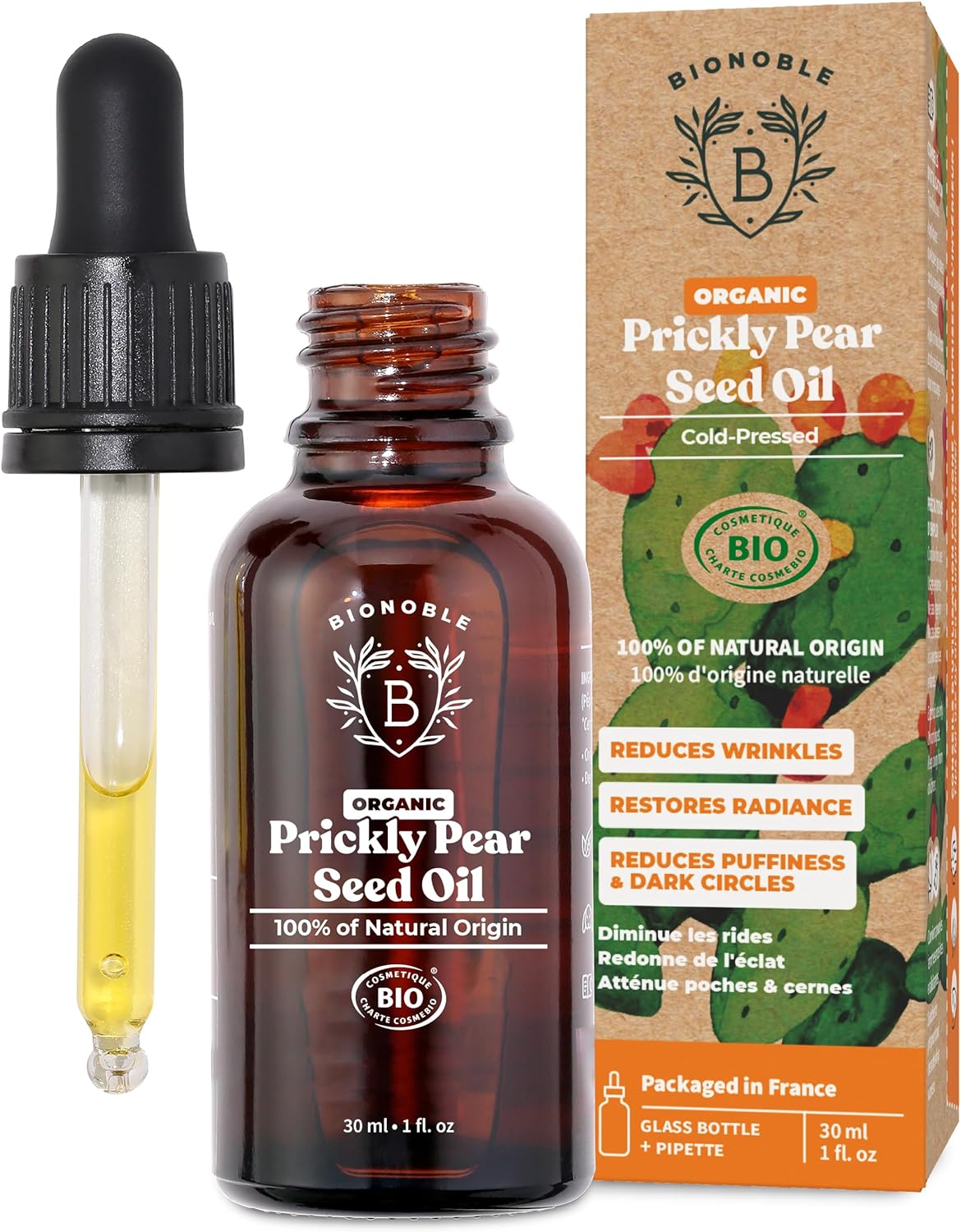 Bionoble Organic Prickly Pear Seed Oil 30ml - 100% Pure, Natural and Cold Pressed - Face, Body, Hair, Beard, Nails - Vegan and Cruelty Free - Glass Bottle + Pipette