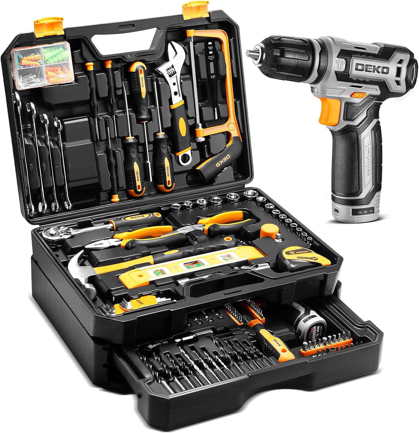Tool Kit Box Drill Set：DEKO Home Mechanic Toolbox with 12V Power Cordless Drill Hand Repair Tools Sets Combo Kits Storage Organizer Drawer Case for Men