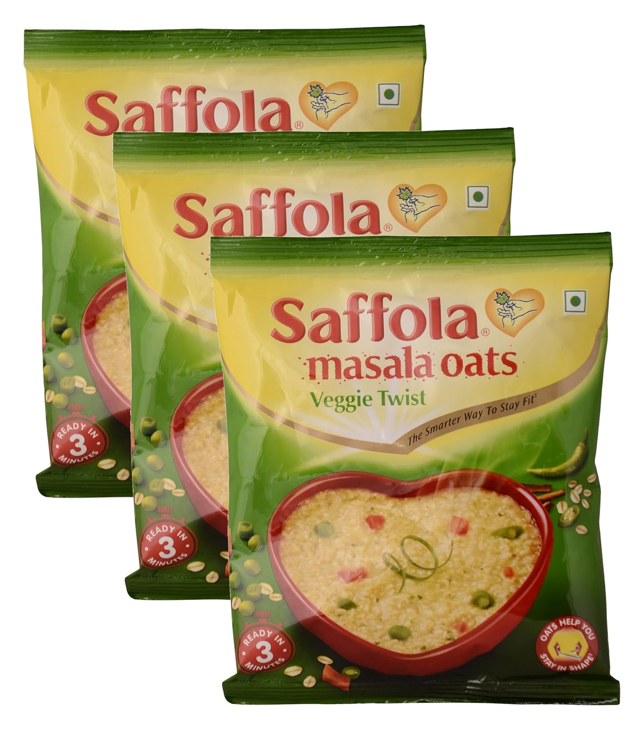 Saffola Masala Oats, Veggie Twist, 39 grams - (1.37 oz) Vegetarian oatmeal India - Pack of 3