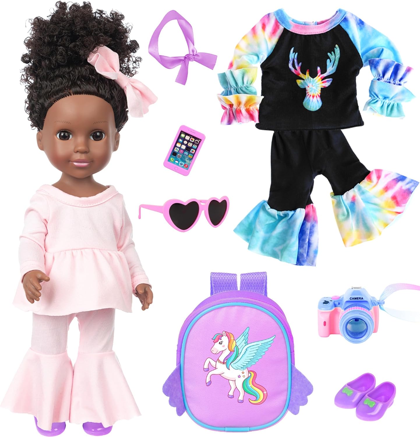 iBayda 14.5 Inch African-American Silicone Baby Doll - Realistic Black Girl Doll with 2 Outfits, Shoes, Backpack, Camera, Glasses & Phone Accessories (Washable)