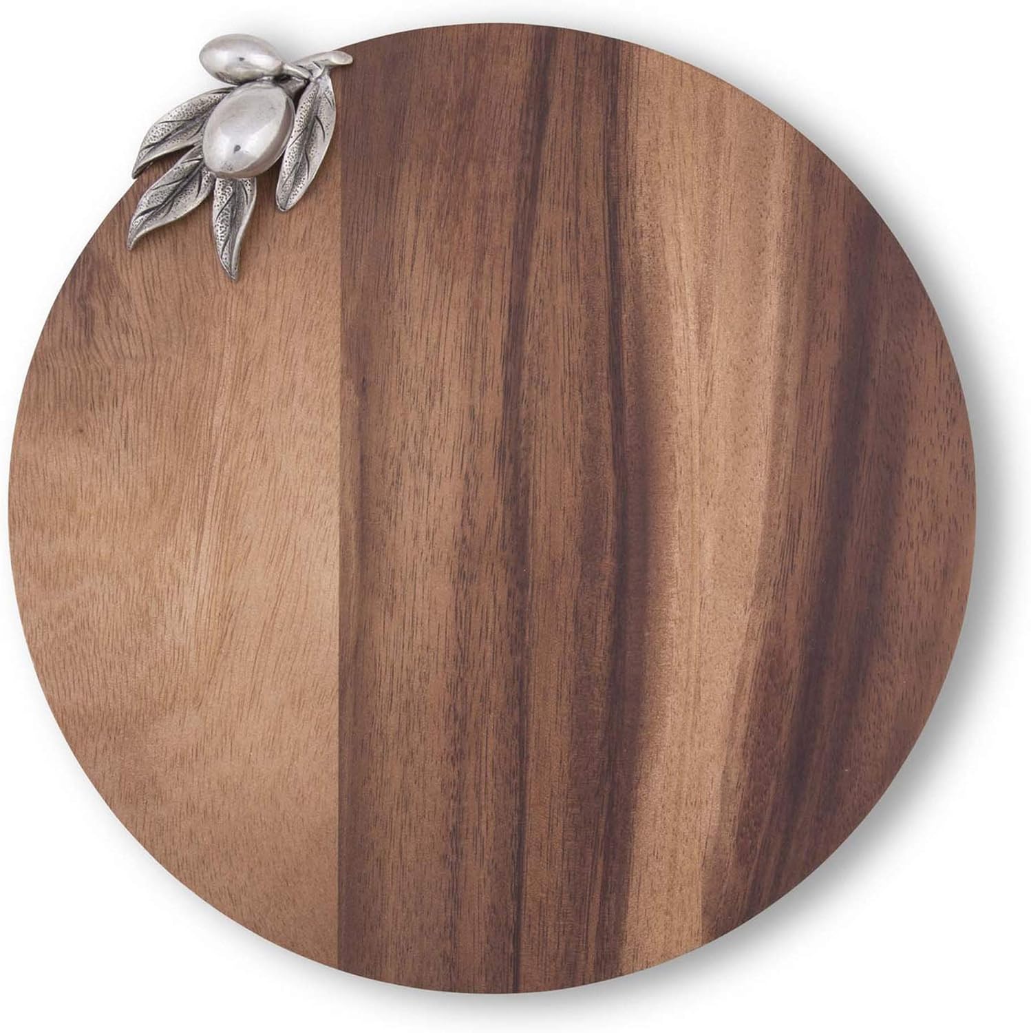 Vagabond House Olive Acacia Wood Cheese/Bar Board with Pewter Tuscan Olive Accent 10 inch Diameter .75 inch Tall