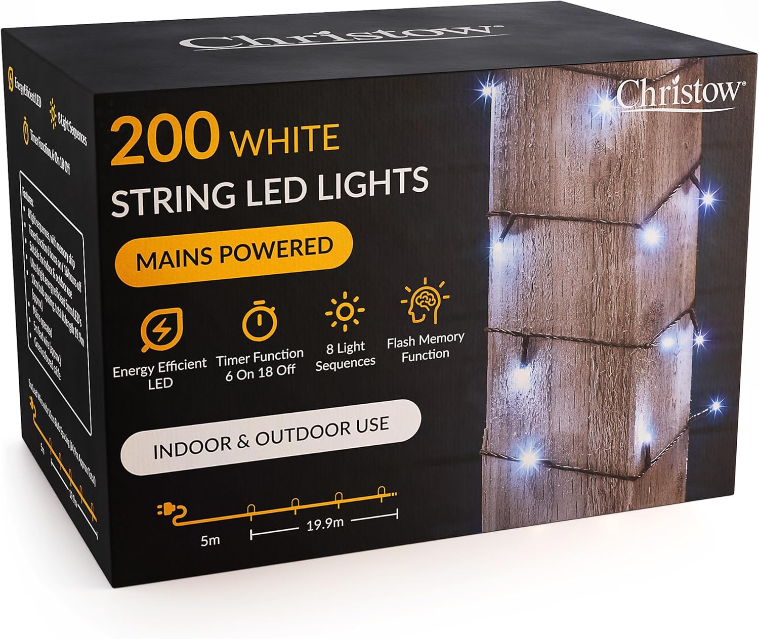 CHRISTOW Christmas Fairy Lights, White LED String Lighting with Timer, Indoor & Outdoor, Tree Lights, Mains Operated, 8 Light Modes Flashing & Static, Green Cable (200 LED / 20m Lit Length)