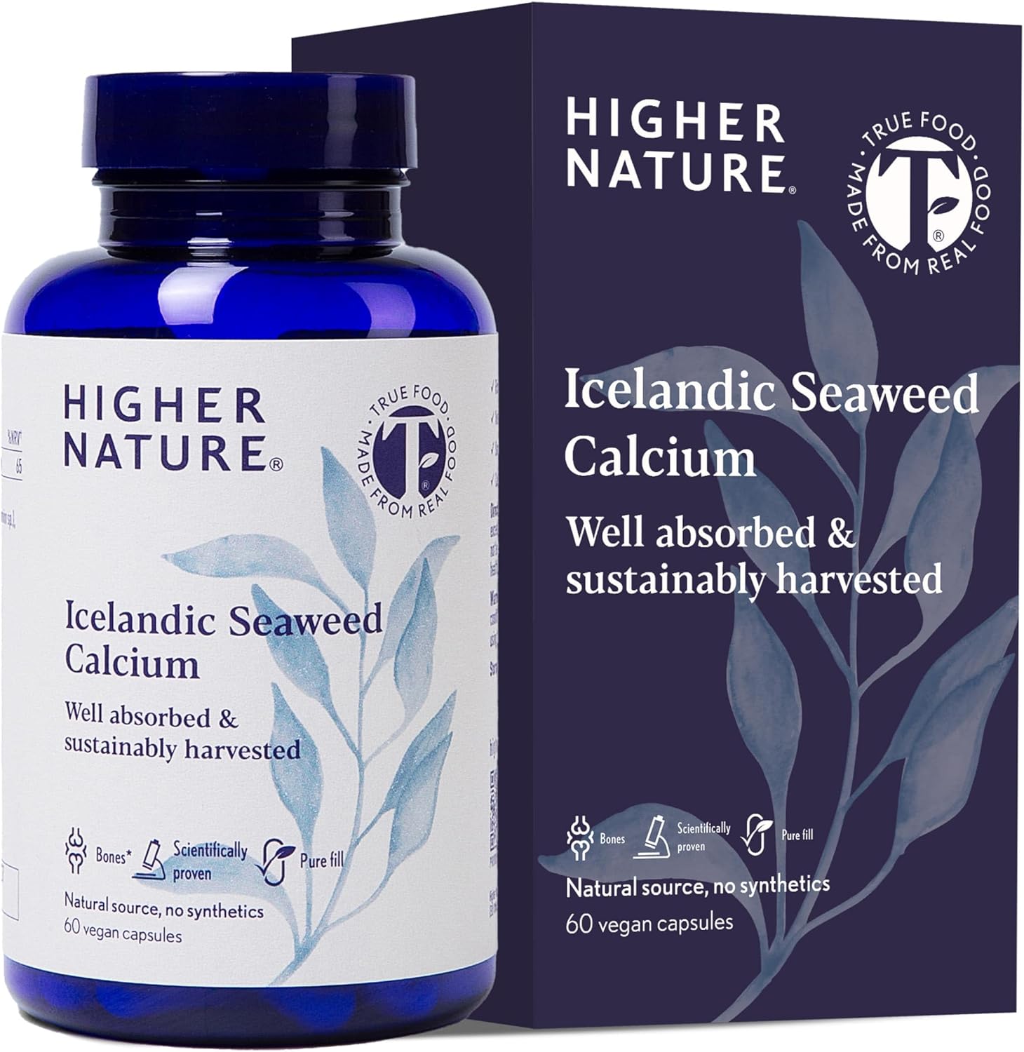 Higher Nature - Icelandic Seaweed Calcium - True Food® Formula - 260mg Natural Source - Clinically Proven Calcium Supplement - Supports Bones, Teeth & Digestive Enzyme Function - 60 Capsules