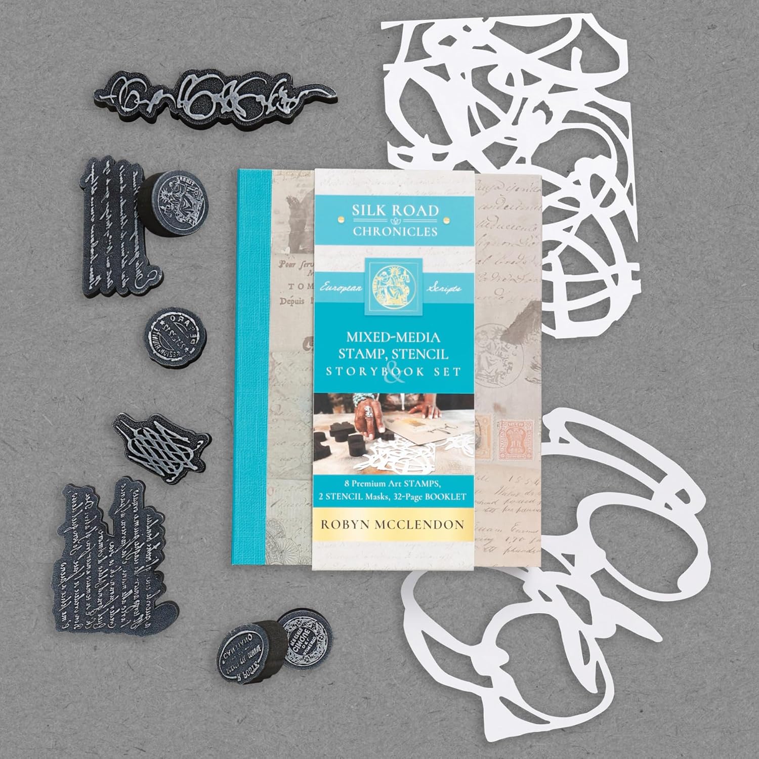 Schiffer Craft Mixed-Media Stamp, Stencil, and Storybook Set European Scripts: 8 Premium Art Stamps, 2 Stencil Masks, and 32-Page Instruction Booklet; Great for Gel Plate Printing