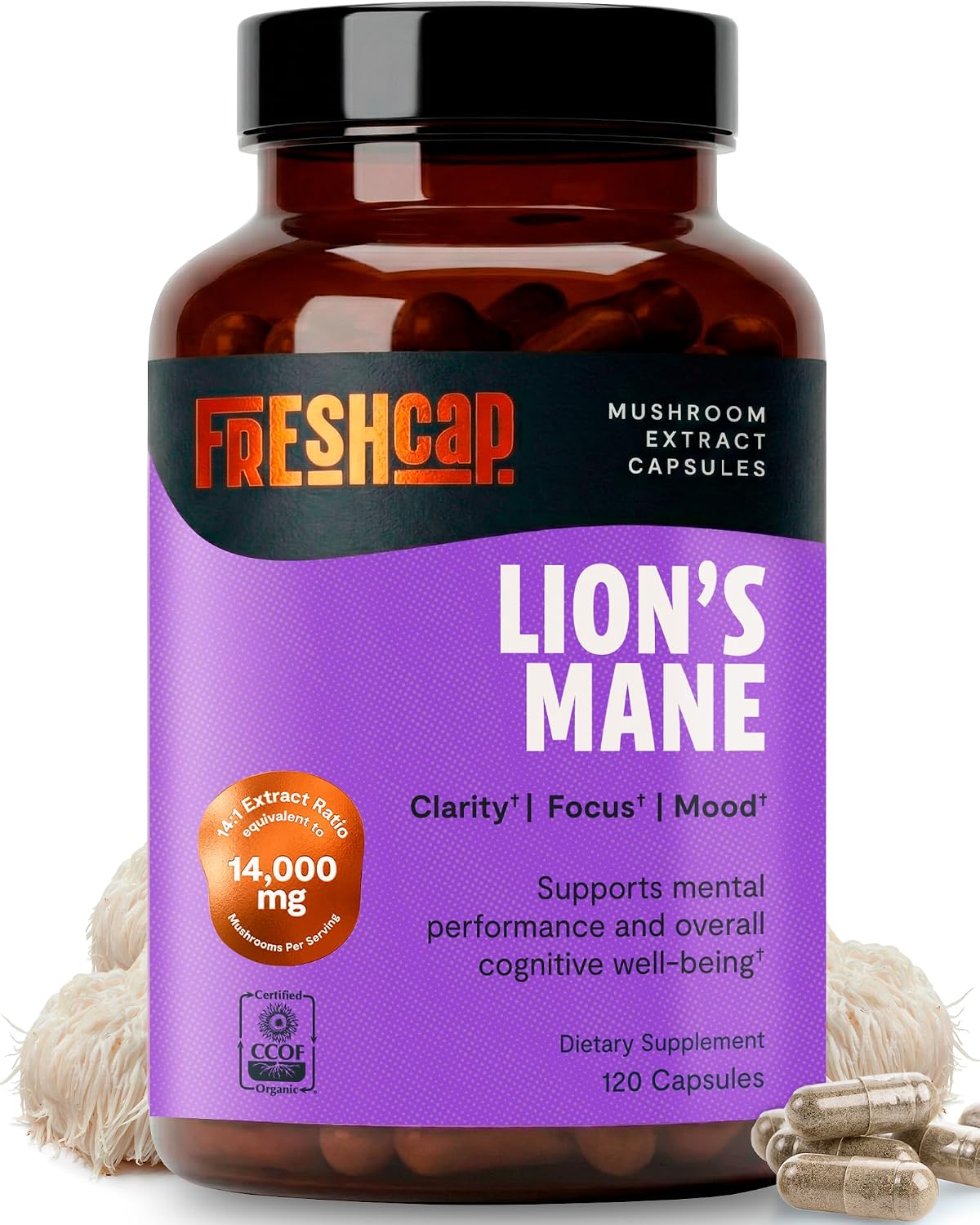Freshcap Lions Mane Mushroom Supplement - Cognitive Support, 120 Capsules
