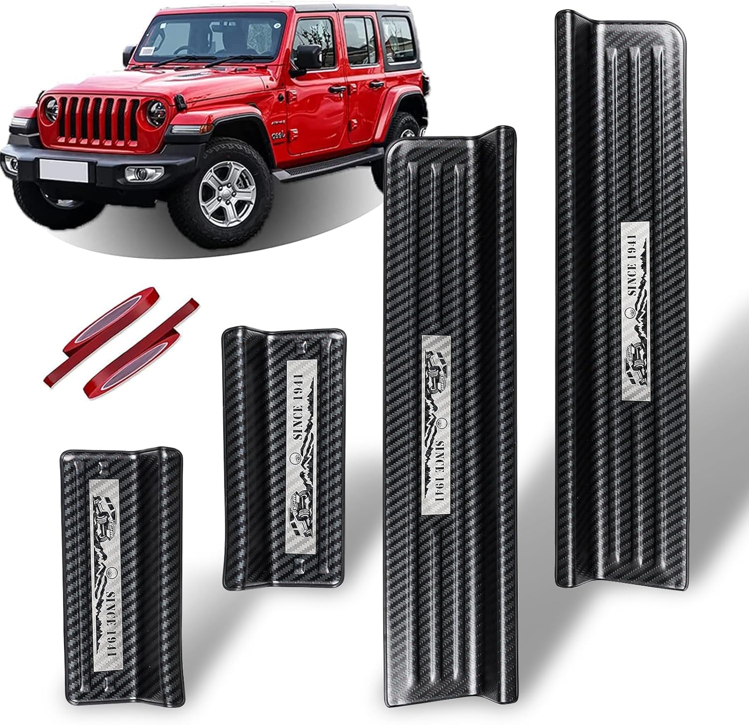 Rowa Door Sill Guards for Jeep 2018-2025 Wrangler JL JLU & 2020-2025 Gladiator JT, Carbon Fiber Pattern 304 Stainless Steel Door Entry Guard Full Coverage for Door Sill Protector (Patent Design)
