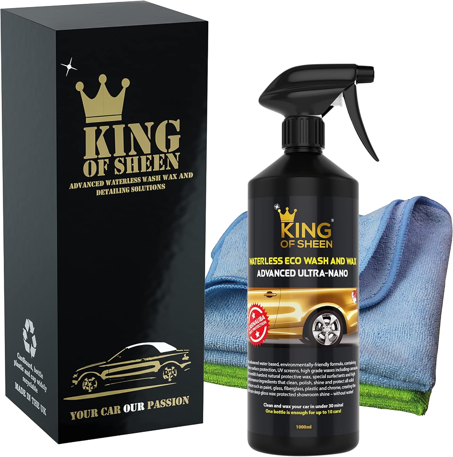 King of Sheen Advanced Ultra Nano Waterless Car Wash Kit, Wet Wax Car Cleaning Products with added Carnauba Wax, (1Lt) + 2 Microfibre Cloths,No Scratch or Swirl Formula, Protects against Salt Damage
