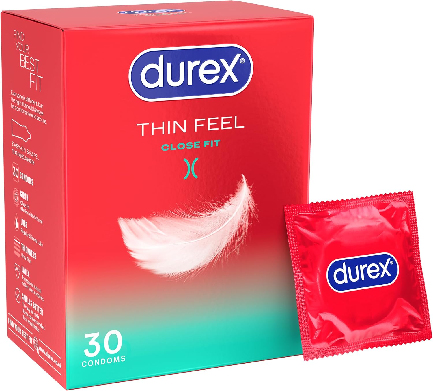 Durex Thin Feel Close Fit, 30 Condoms, Silicone Lubricated