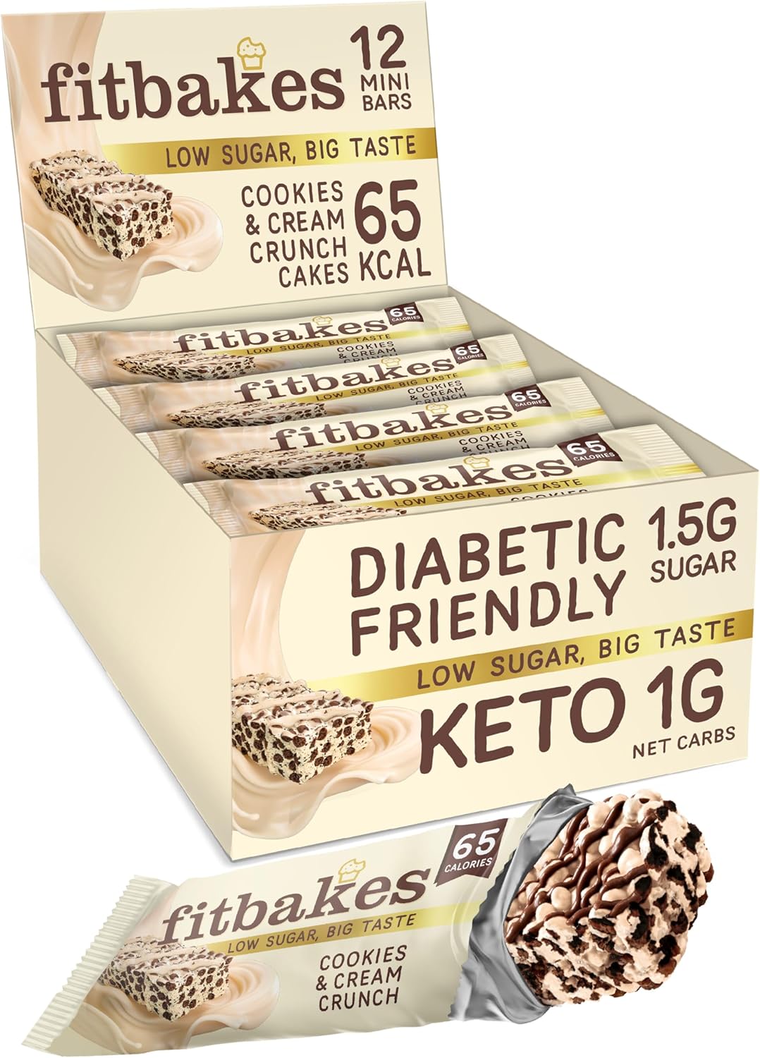 Fit bakes 65 Calories Keto Cookies & Cream Mini Bars (12x19g) Diabetic Chocolate Keto Snack, 1 Net Carb Low Sugar Chocolate Bar, Diabetic Sweets Biscuits, Low Calorie Snack Crunch Cake, Fitbakes