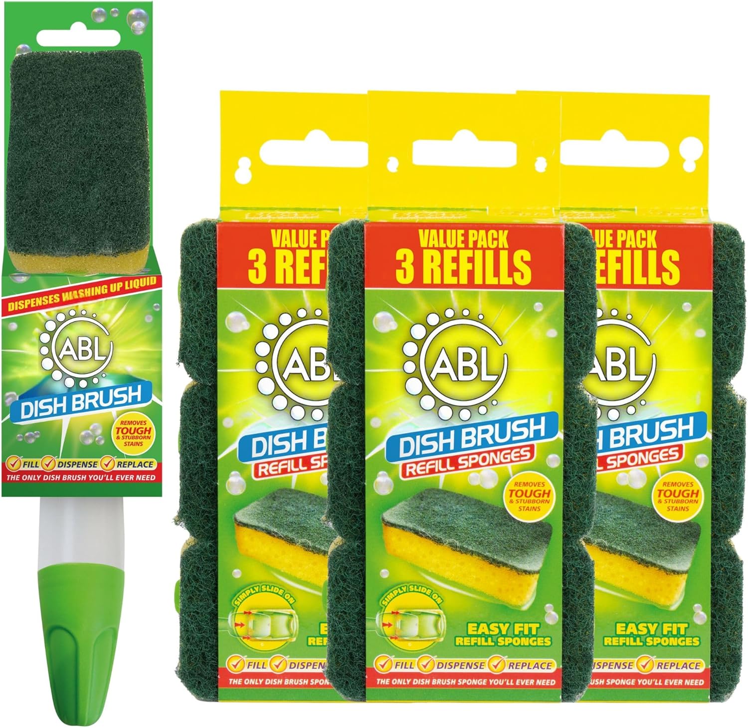 Premium Soap Dispenser Washing Up Brush With 9 X Refill | Washing Up Sponge With Handle Dish Brushes Sponge Scourer Refills