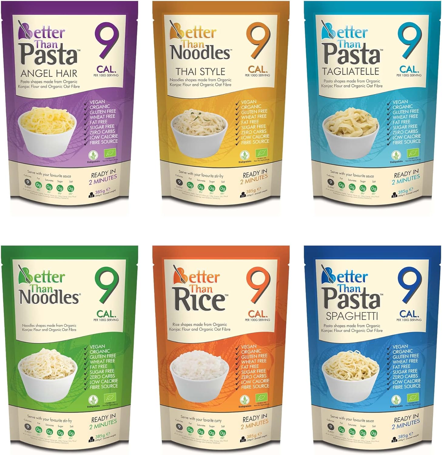 Better Than Foods Mixed Case - Noodles, Thai Style, Rice, Spaghetti, Angel Hair & Tagliatelle, Made from Organic Konjac Flour, Keto Paleo Diet, Zero Sugar & Low Calorie Food | (6 x 385g)