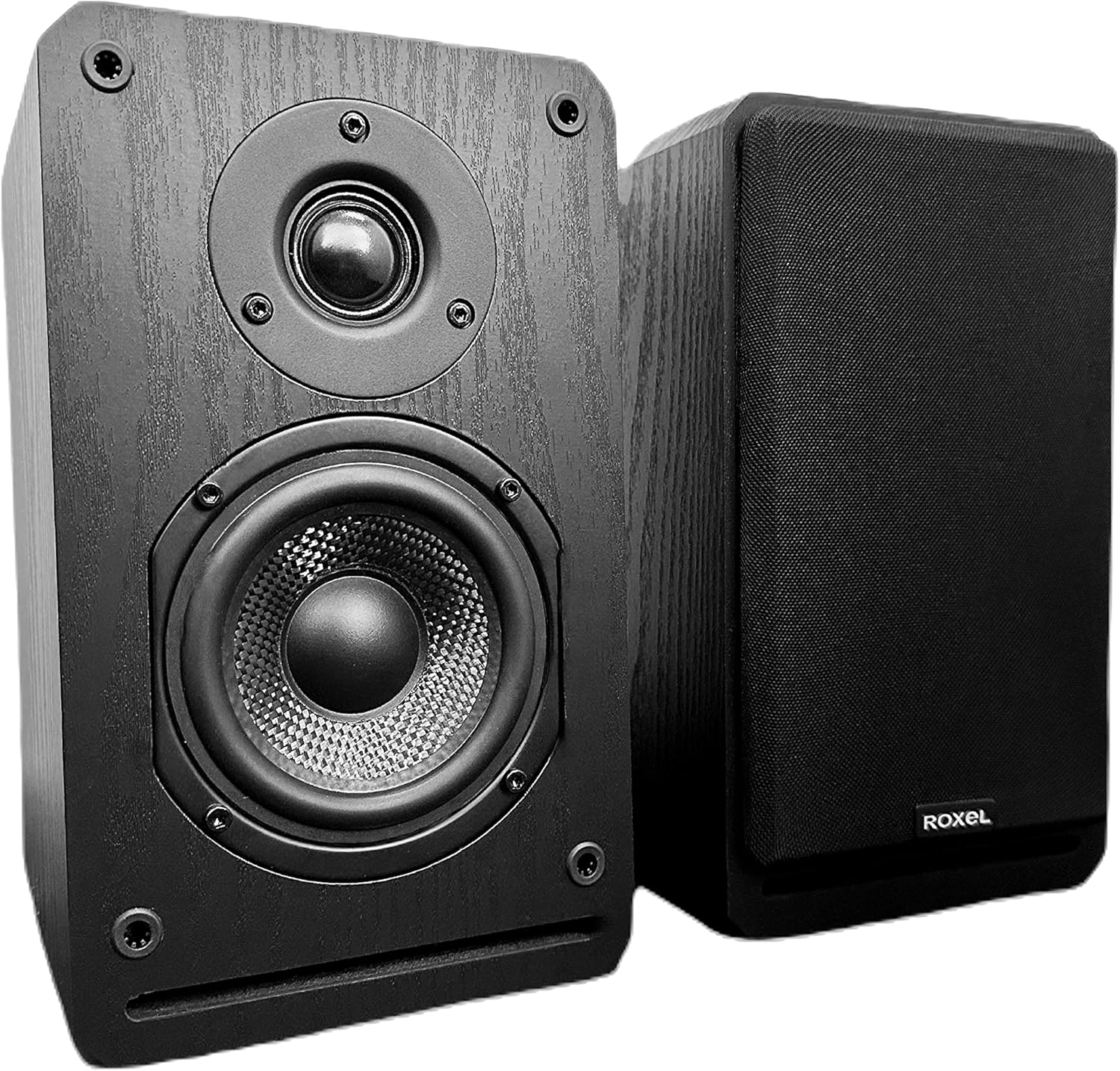 Roxel RBS-300 Passive Bookshelf Speaker, Black Wood Effect Cabinet with 4 inch Enhanced Carbon Fibre Woofer, 1 Inch Silk Dome Tweeter, Detailed and Refined Sound150W RMS (Black Wood)