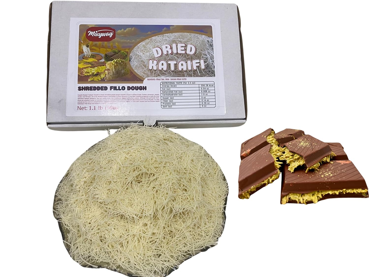 Kataifi Shredded Fillo Dough for Dubai Chocolate Bar Pistachio, Kadayif for Knafeh Pistachio Chocolate Bar Pastry 1.1 Lb 500 gr Knafeh Kunafa Katafi Kunefe Kadaifi Phyllo Dough Chilled Kadafi Dubai Katifi Kanafeh (Cardboard Box)