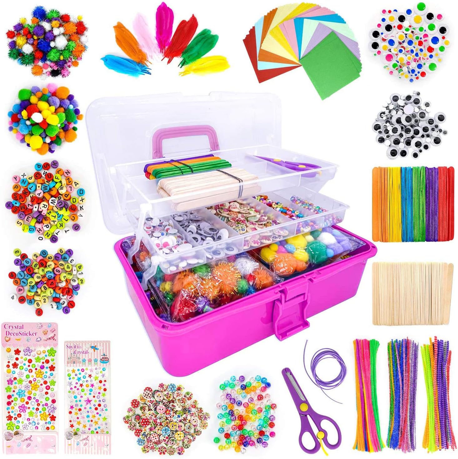 1405 Pcs Art and Craft Supplies for Kids, Toddler DIY Craft Art Supply Set Included Pipe Cleaners, Pom Poms, Feather, Folding Storage Box - All in One for Craft DIY Art Supplies, Rose Red