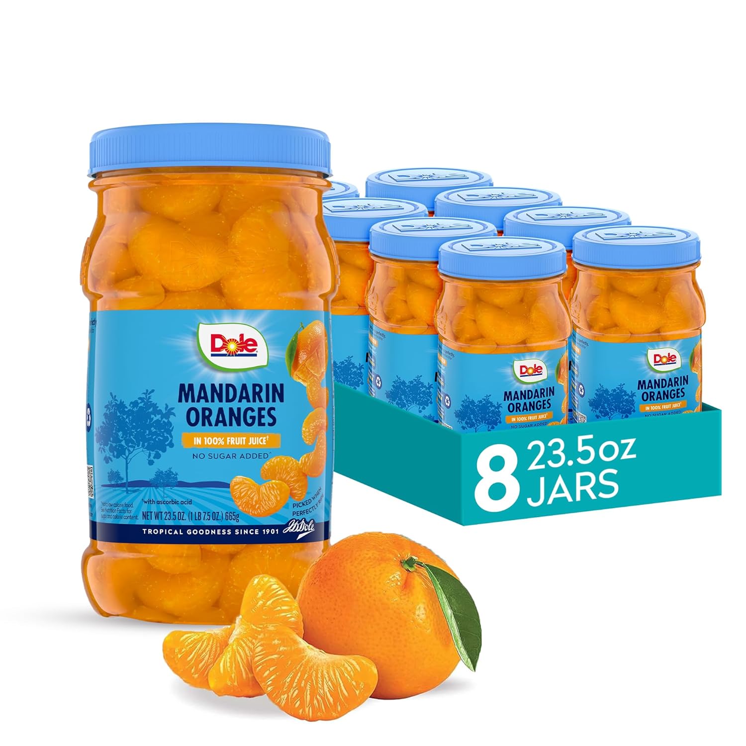 Dole Mandarin Oranges in 100% Fruit Juice - Dole Resealable Fruit Jars - Rich Source of Vitamin C - 23.5 oz - 8 Pack