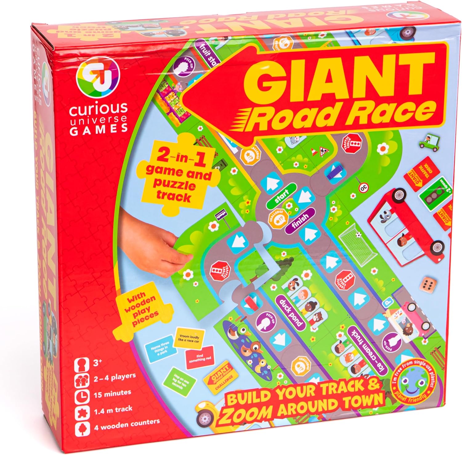 Curious Universe Games | Giant Road Race | Car Game for 2 to 4 Players | Game and Puzzle Track with Wooden Play Pieces