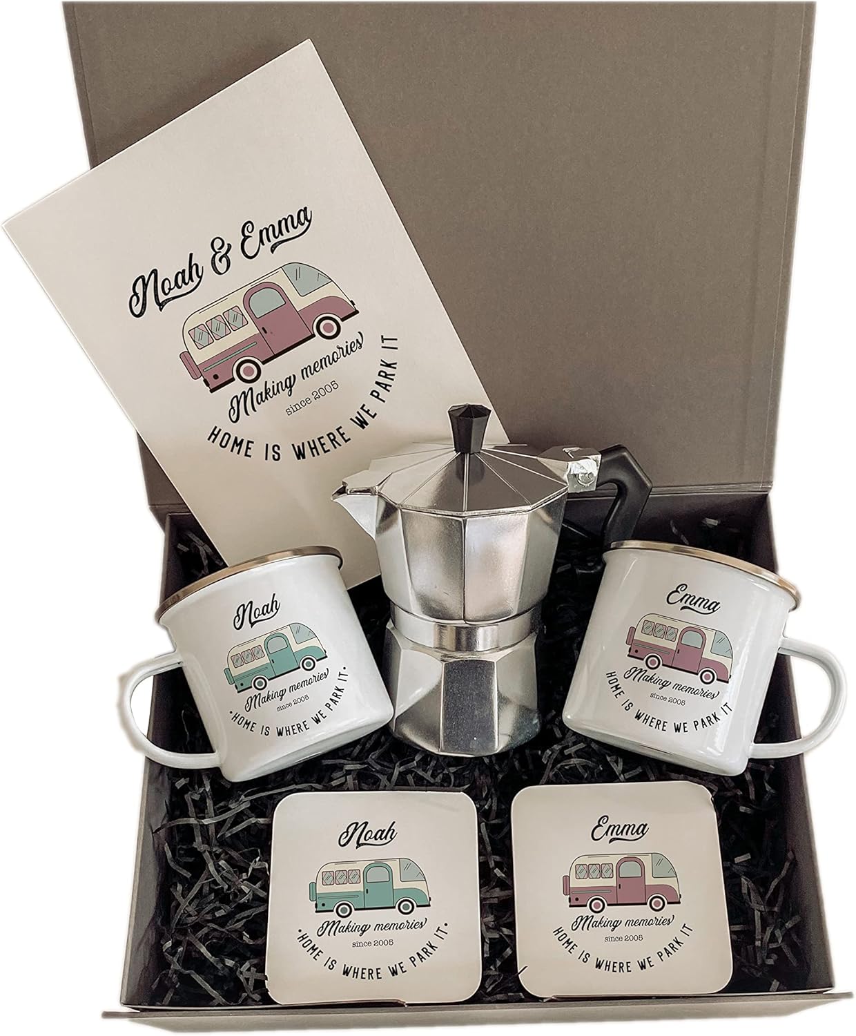 Pomchick - Personalised Campervan Enamel Camp Mug Set with Coffee Maker Coaster Card | Personalised Motorhome Gifts | His Hers Accessories Camping | Retro Caravan | Gift for Her Him