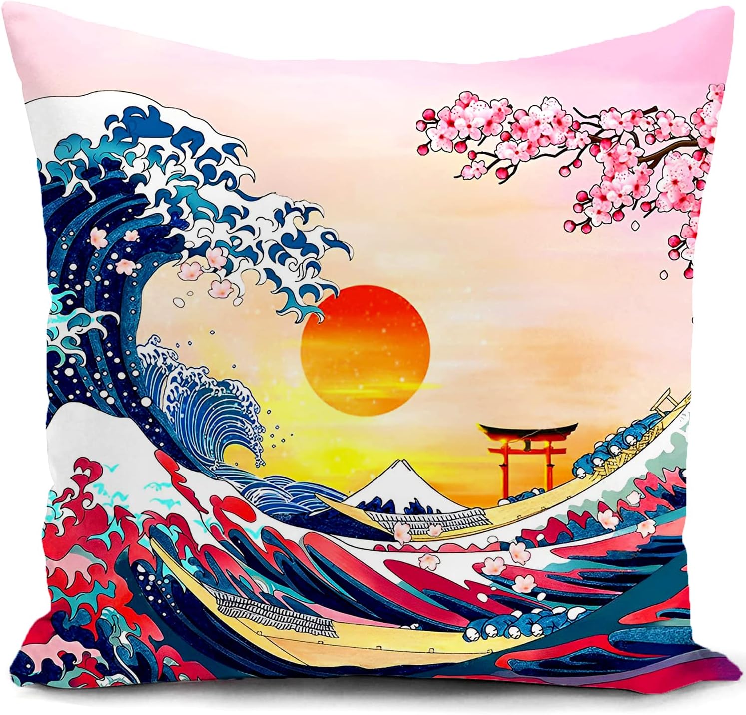 Japanese Cushion Cover Double Sided Japanese Hokusai The Great Wave of Kanagawa Decor Art Gifts Pillow Cover for Home Room Throw Pillow Case Decorate Livingroom Couch Bed Sofa 18"x18"(45x45cm)