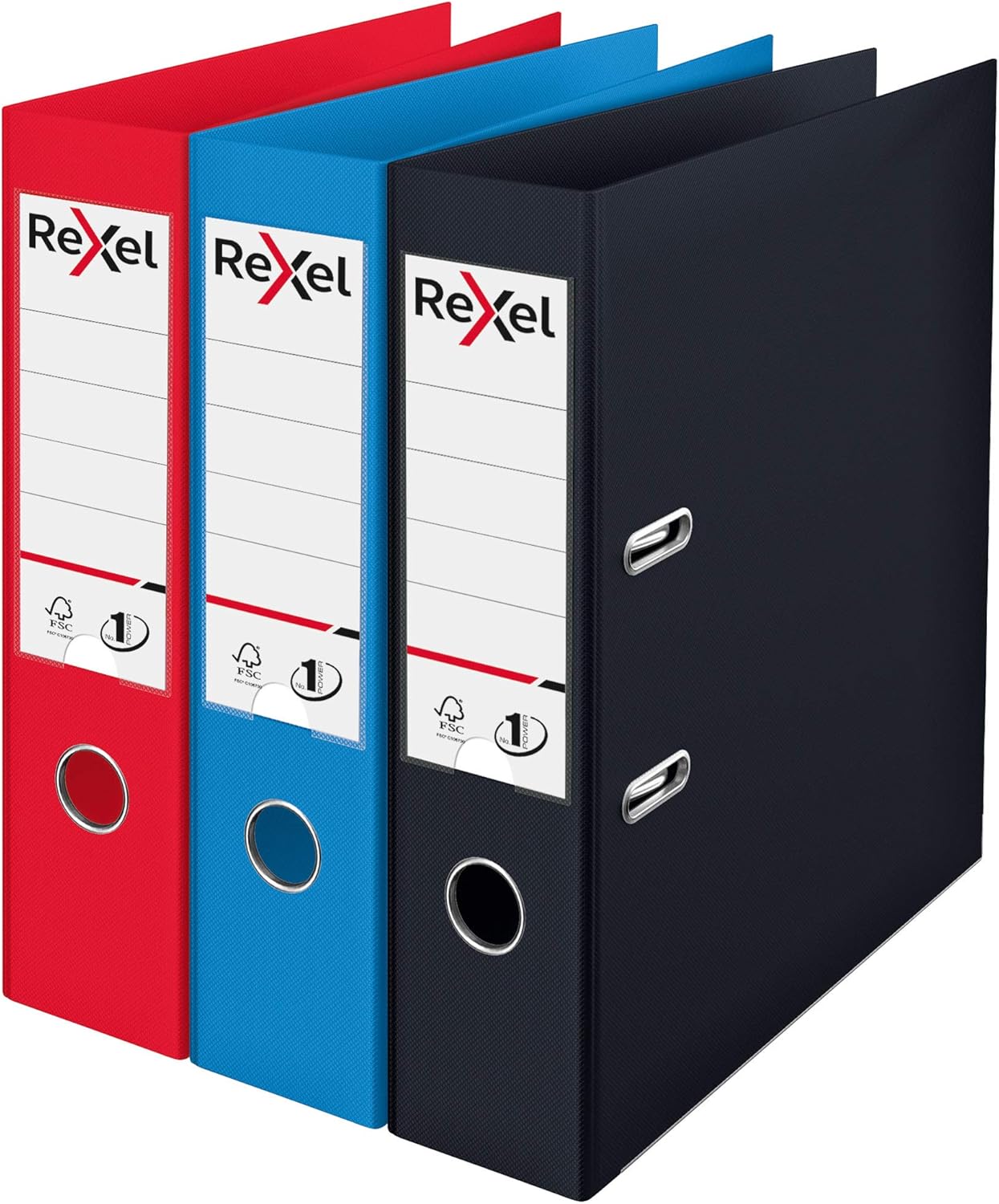 Rexel Choices A4 Lever Arch Files, 3-Pack Assorted Colors (Black, Red, Blue), Durable Plastic on Board, Patented No.1 Locking Mechanism, Replaceable Spine Labels, Ring Binder, Office File Organizer