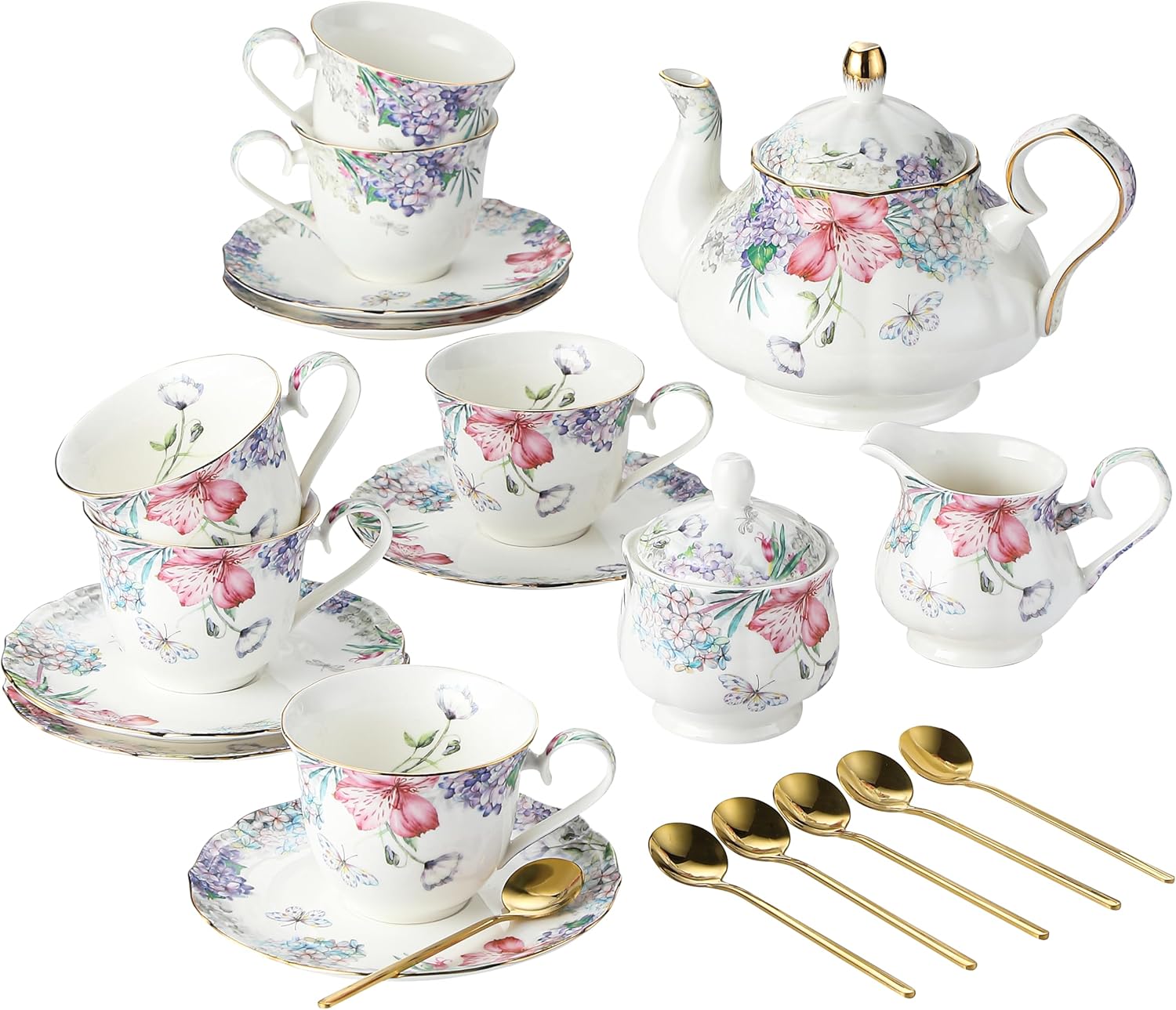 15 Piece Bone China Tea Cup Sets, Elegant Blue and White Porcelain Tea Cups and Saucers Service for 4,with Teapot Sugar Bowl Cream Pitcher Teaspoons for Tea/Coffee,Gift Set for Adults.