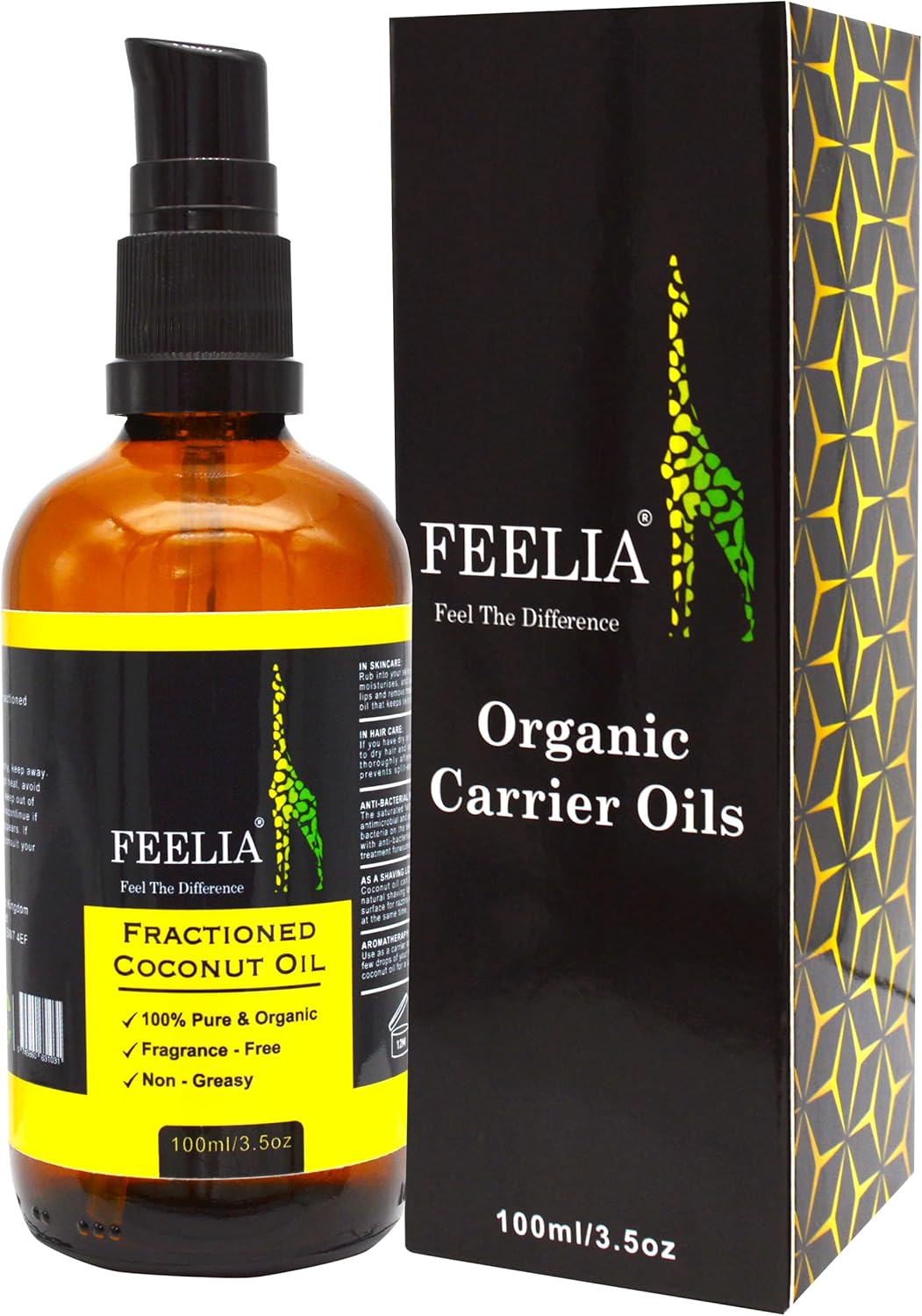 Feelia - Organic Fractioned Coconut oil - Non-Greasy, Fragrance-Free 100% Pure & Organic (100ml)