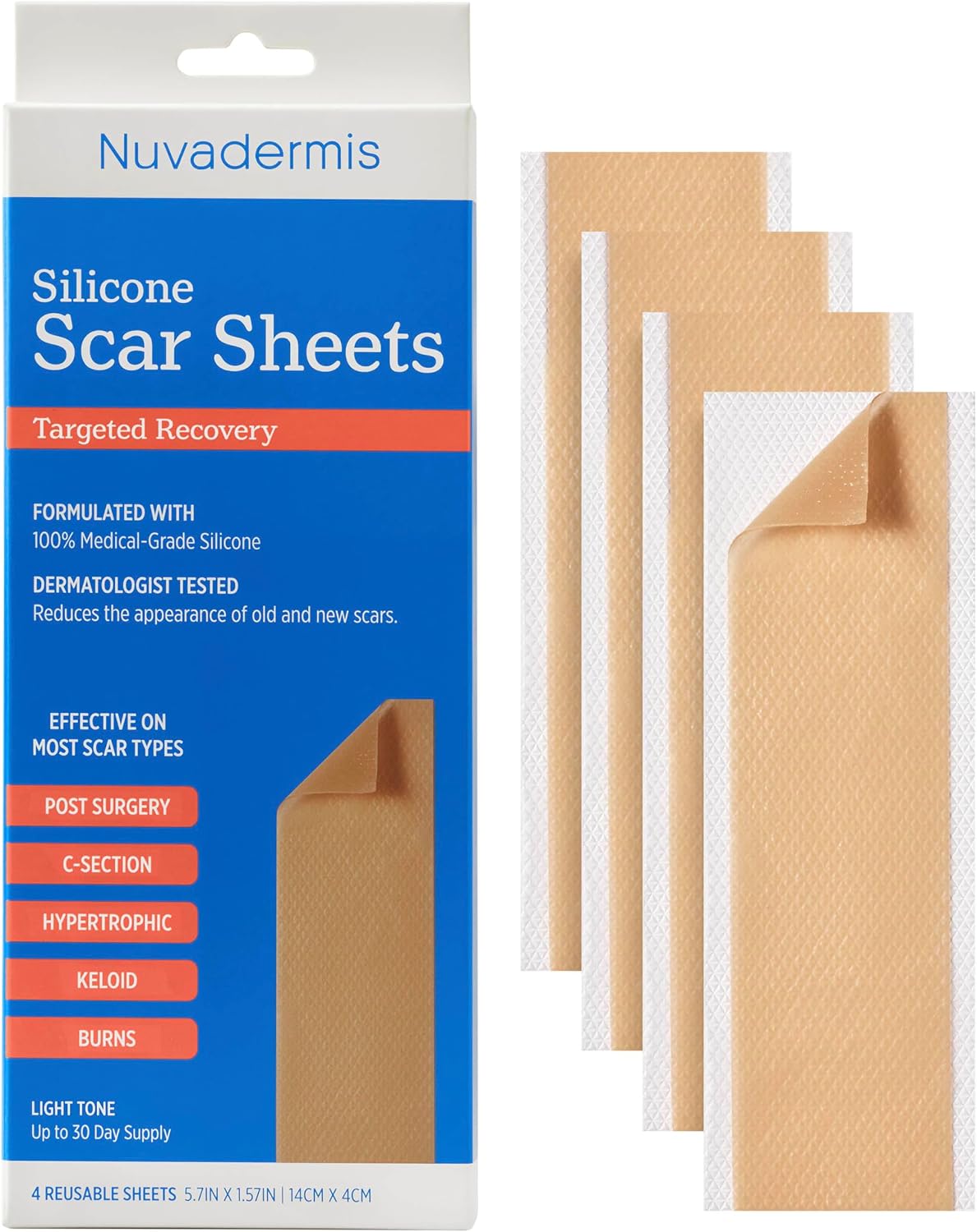 NUVADERMIS Silicone Scar Sheets - Extra Long Scar Sheets for C-Section, Tummy Tuck, Keloid, and Surgical Scars - Reusable Medical Grade Silicone Scar Sheets - Pack of 4 - Light Tone