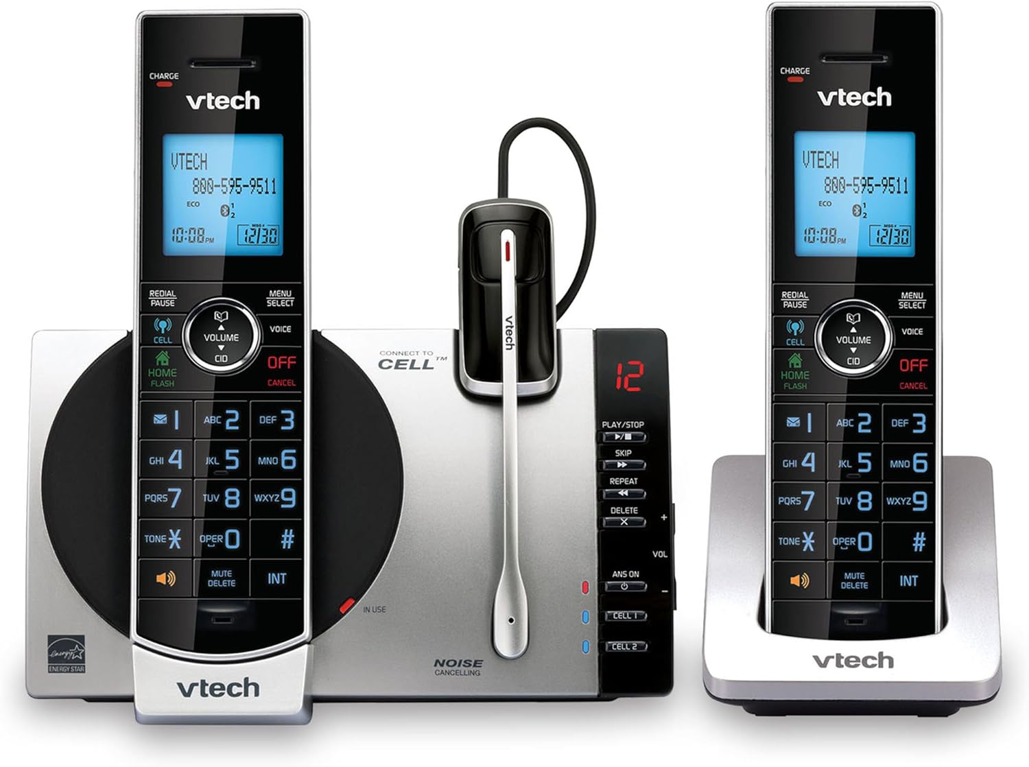 VTech DS6771-3 Connect to Cell, Cordless Phone with Answering Machine, DECT 6.0 Headset+2 Handset Intercom, Bluetooth, Caller ID/Call Waiting, Expandable System - Silver/Black